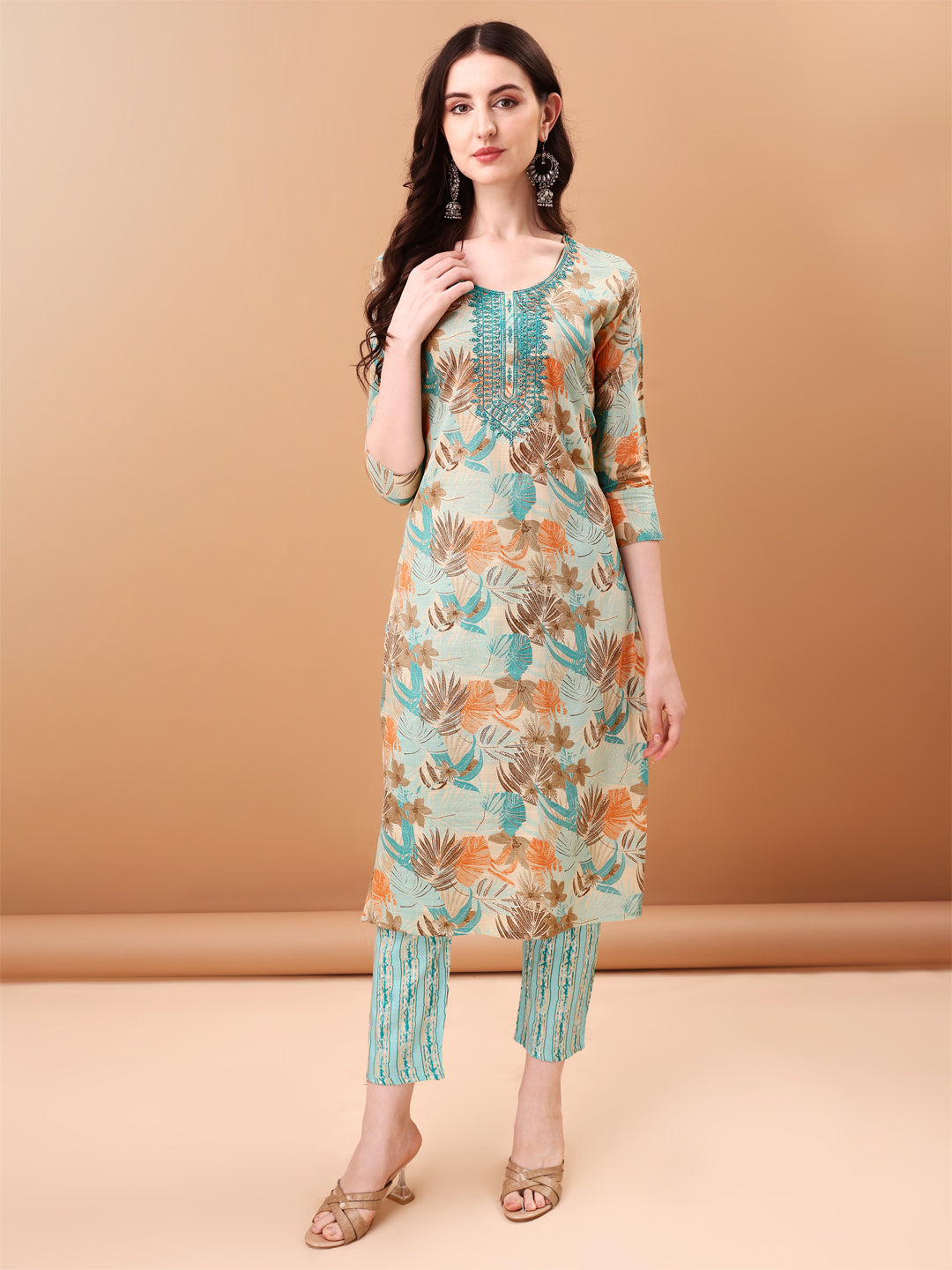 Embroidered & Botanical Printed Kurta With Pant & Printed Dupatta, Blue - Hiral Fashion