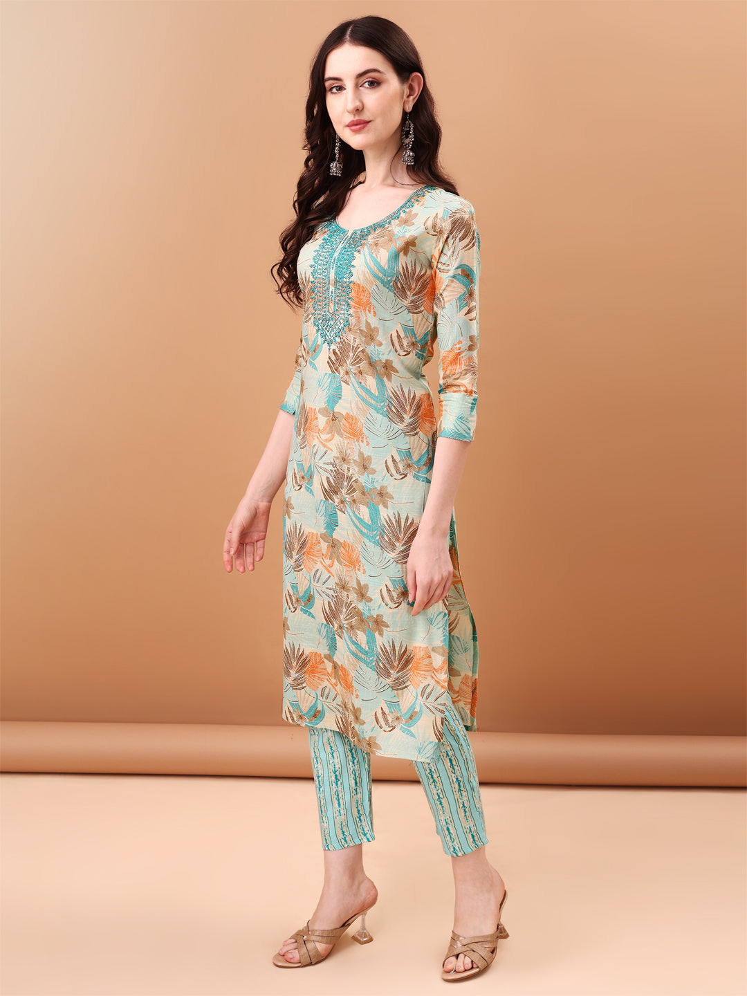 Embroidered & Botanical Printed Kurta With Pant & Printed Dupatta, Blue - Hiral Fashion