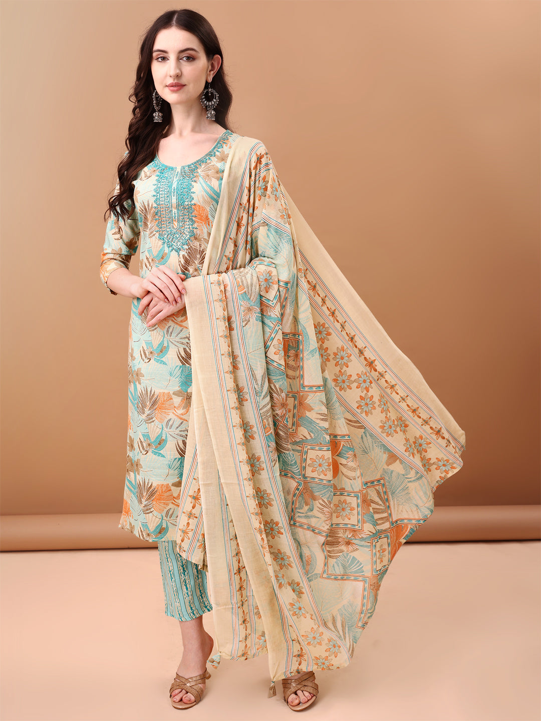 Embroidered & Botanical Printed Kurta With Pant & Printed Dupatta, Blue - Hiral Fashion