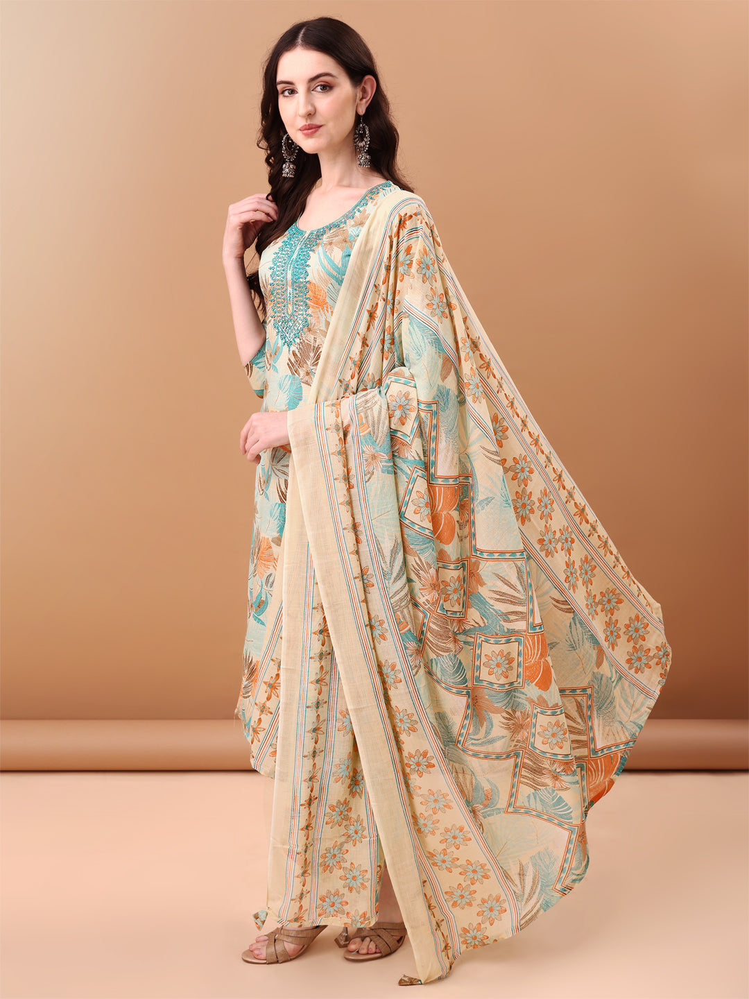 Embroidered & Botanical Printed Kurta With Pant & Printed Dupatta, Blue - Hiral Fashion
