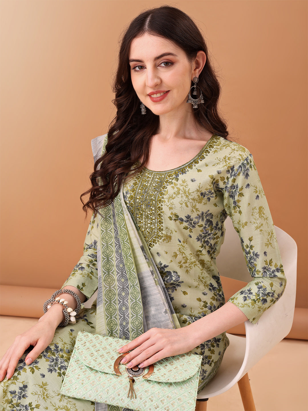 Embroidered & Floral Printed Kurta With Pant & Printed Dupatta, Green - Hiral Fashion