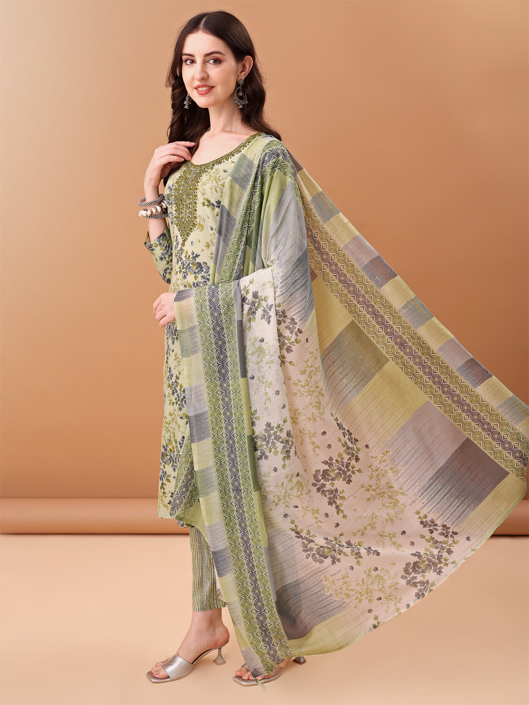 Embroidered & Floral Printed Kurta With Pant & Printed Dupatta, Green - Hiral Fashion