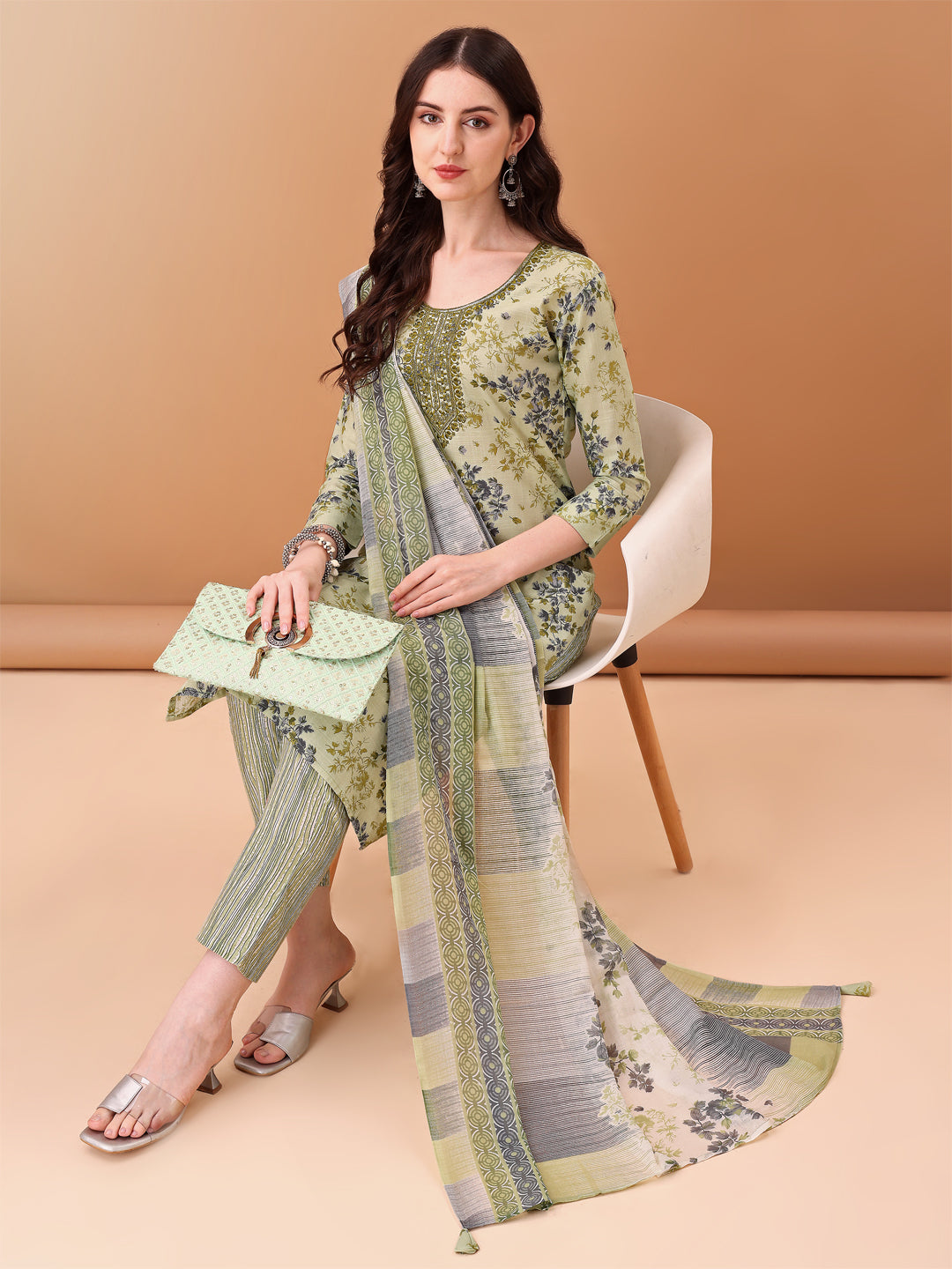 Embroidered & Floral Printed Kurta With Pant & Printed Dupatta, Green - Hiral Fashion