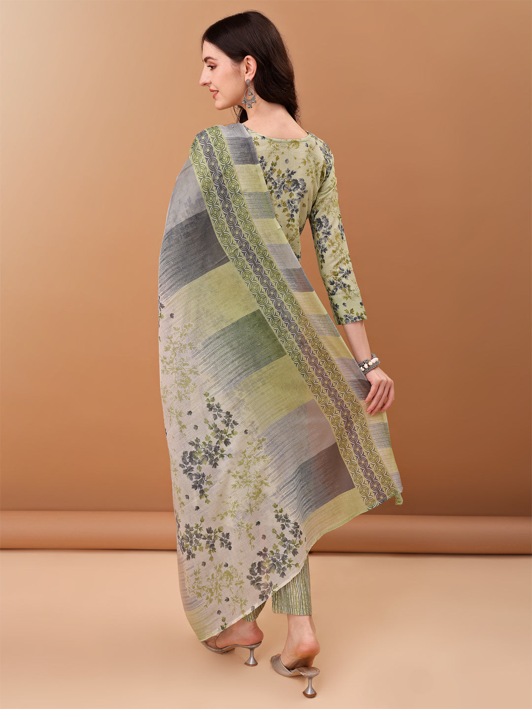 Embroidered & Floral Printed Kurta With Pant & Printed Dupatta, Green - Hiral Fashion