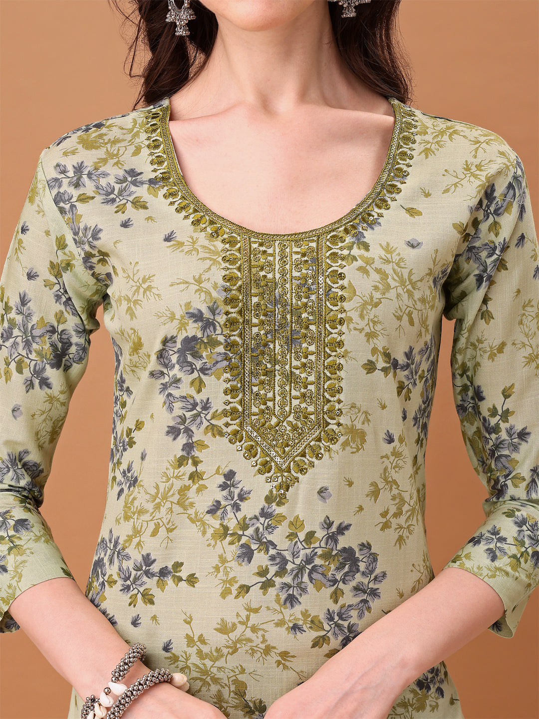 Embroidered & Floral Printed Kurta With Pant & Printed Dupatta, Green - Hiral Fashion