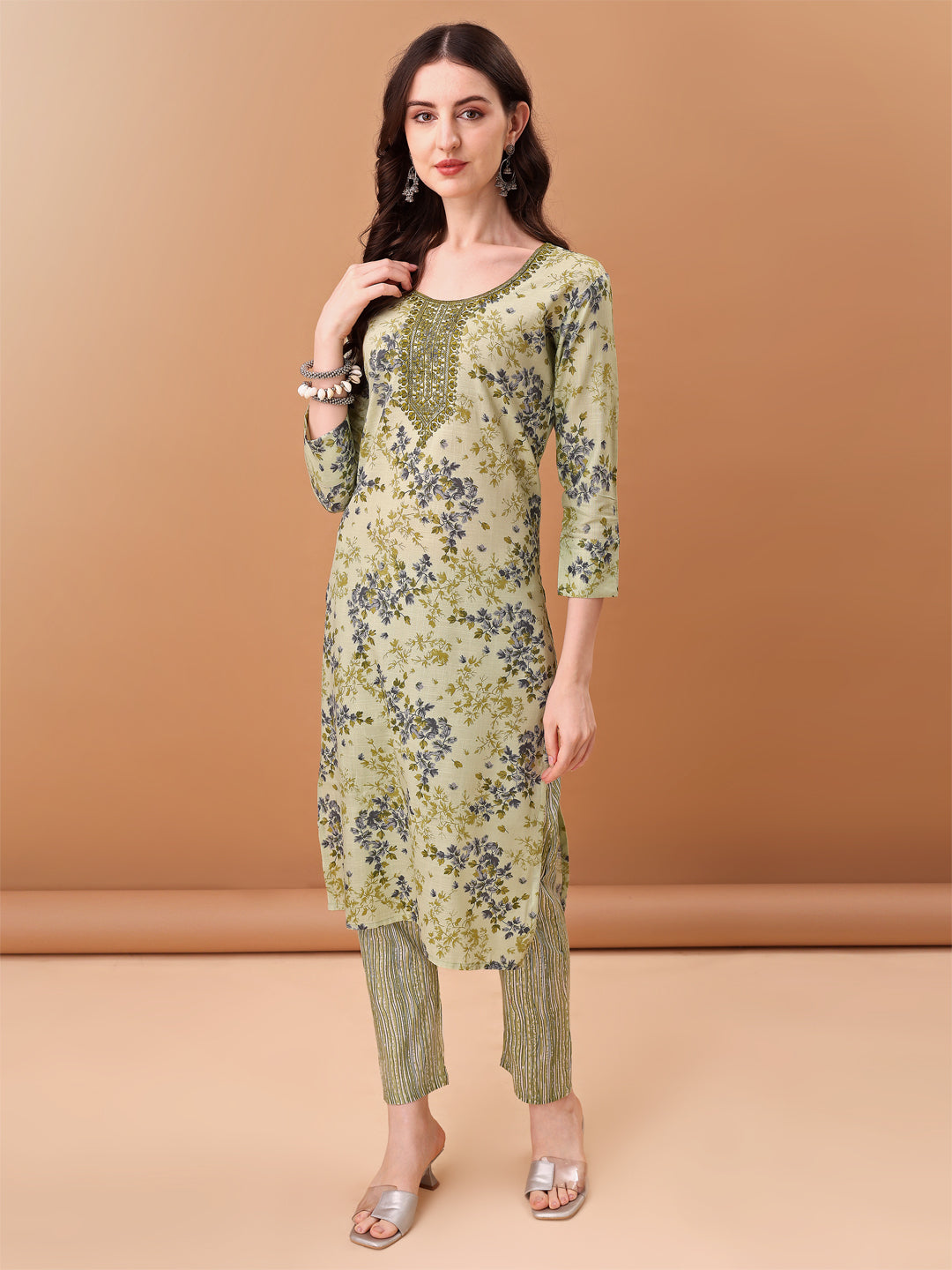 Embroidered & Floral Printed Kurta With Pant & Printed Dupatta, Green - Hiral Fashion