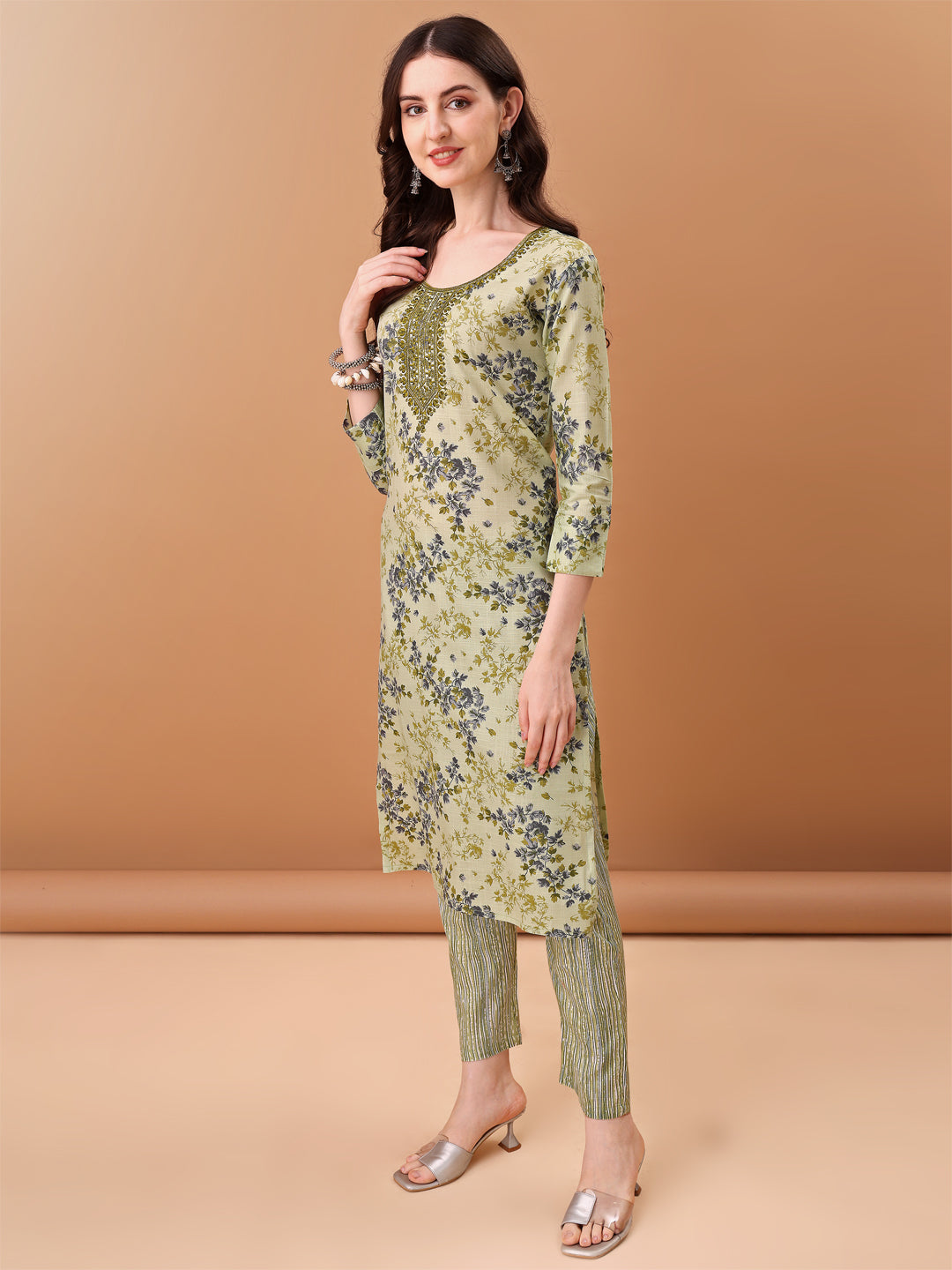 Embroidered & Floral Printed Kurta With Pant & Printed Dupatta, Green - Hiral Fashion