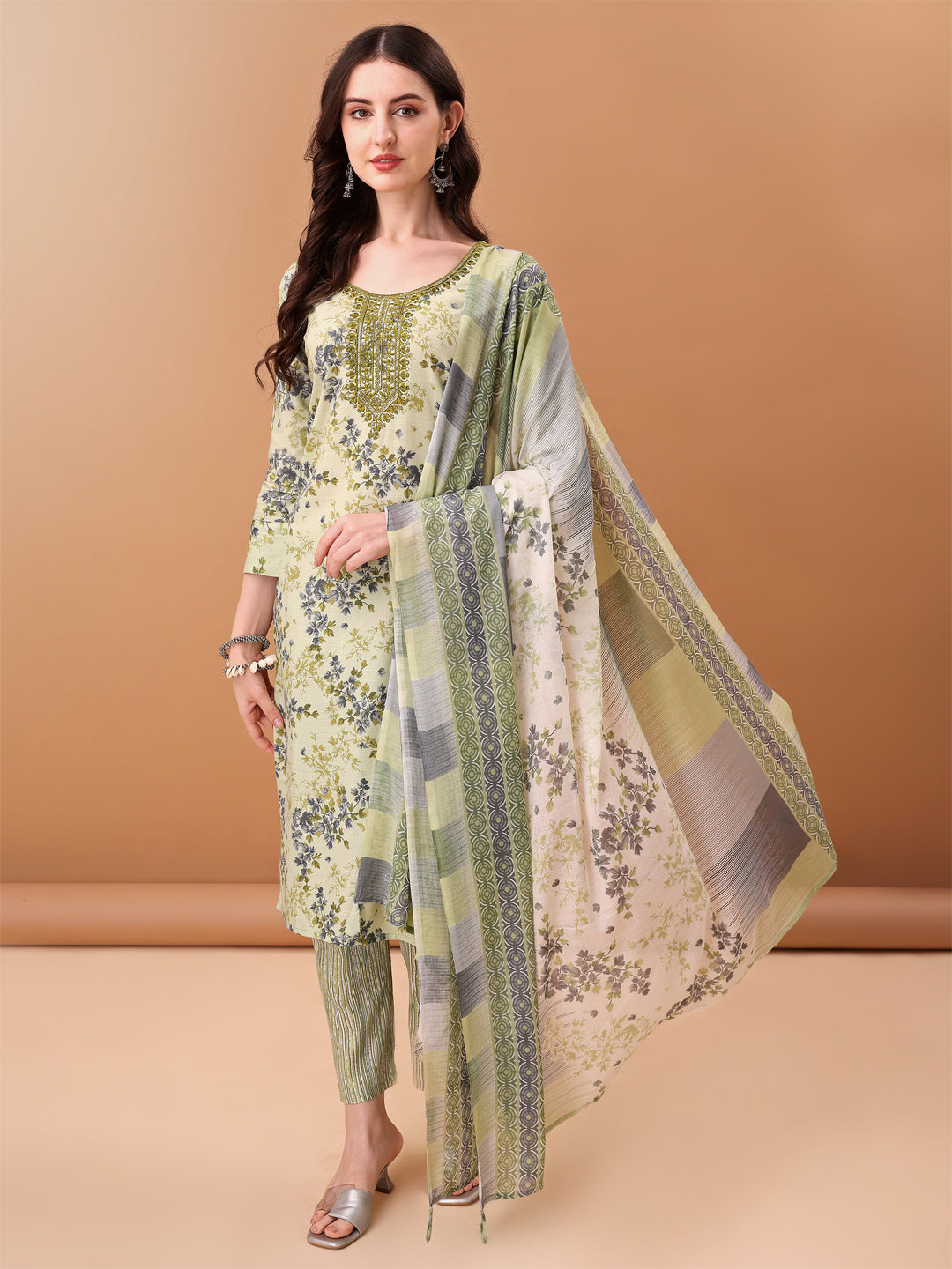 Embroidered & Floral Printed Kurta With Pant & Printed Dupatta, Green - Hiral Fashion