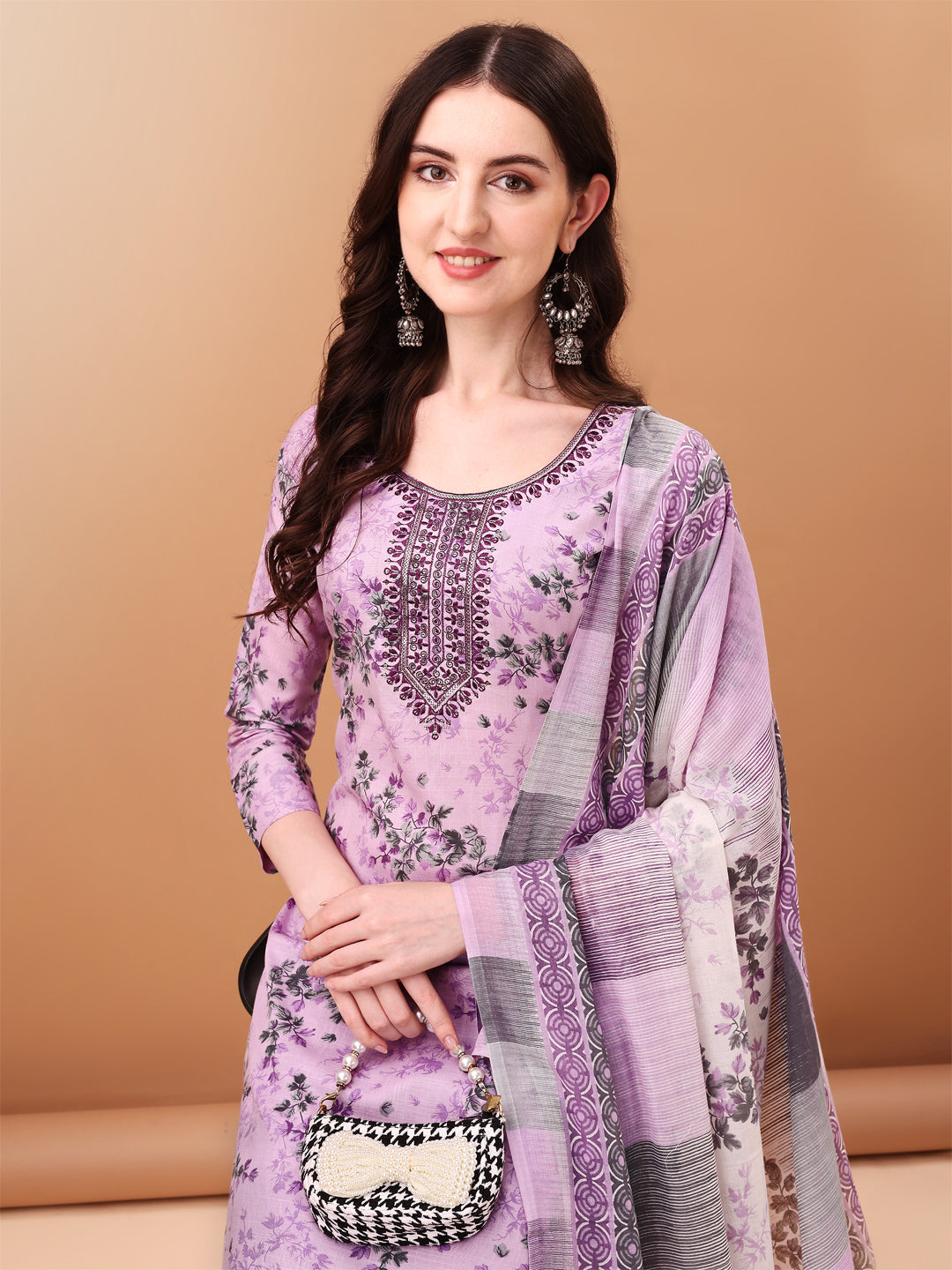 Embroidered & Floral Printed Kurta With Pant & Printed Dupatta, Lavender - Hiral Fashion