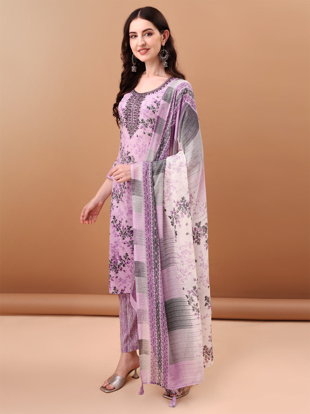 Embroidered & Floral Printed Kurta With Pant & Printed Dupatta, Lavender - Hiral Fashion