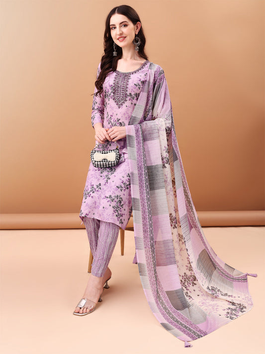 Embroidered & Floral Printed Kurta With Pant & Printed Dupatta, Lavender - Hiral Fashion