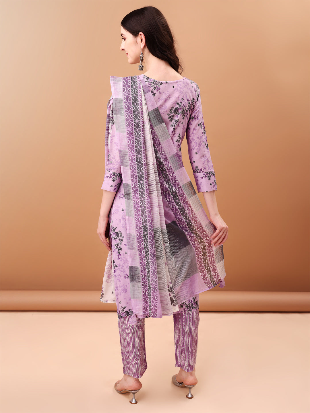 Embroidered & Floral Printed Kurta With Pant & Printed Dupatta, Lavender - Hiral Fashion
