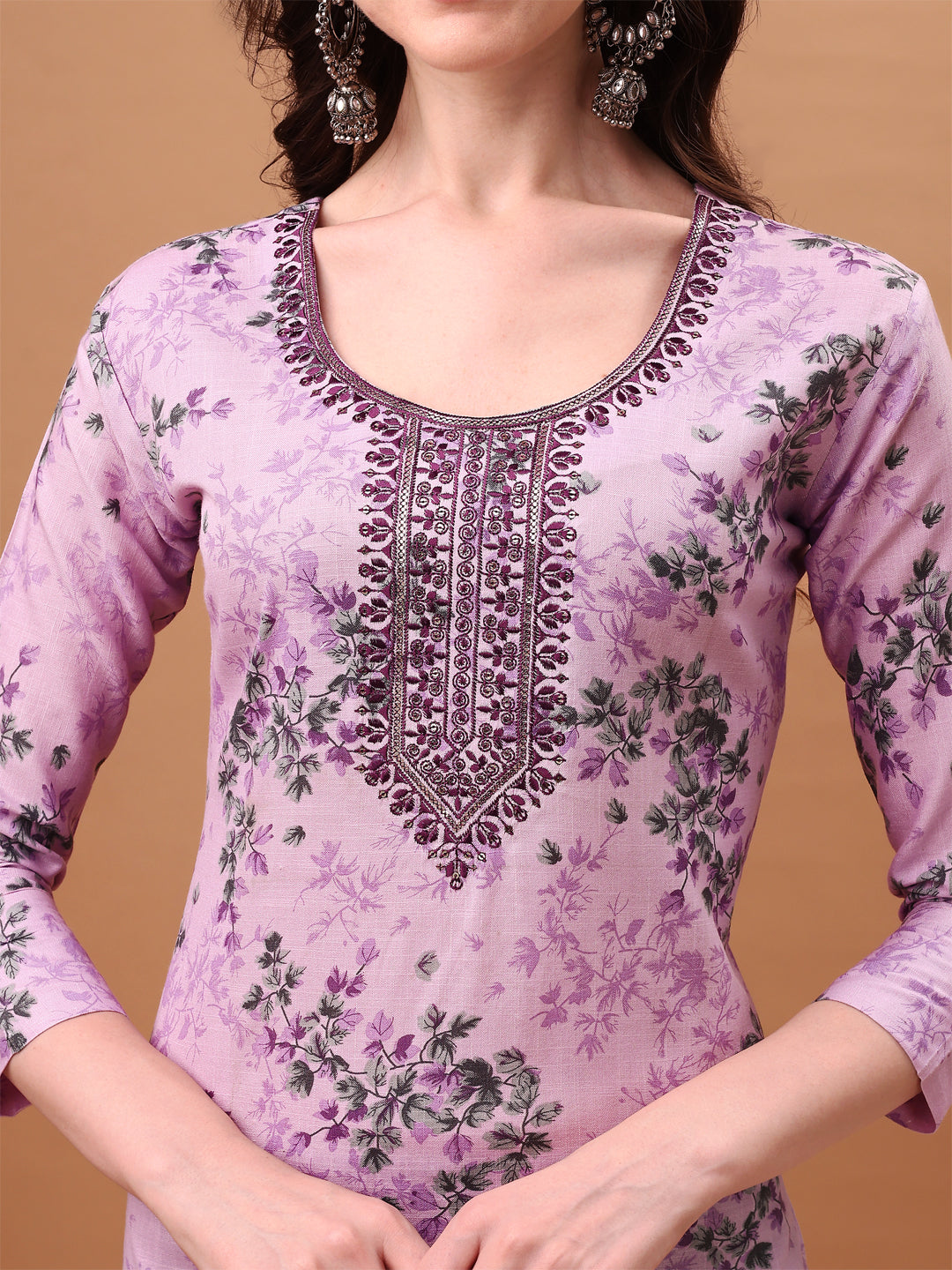 Embroidered & Floral Printed Kurta With Pant & Printed Dupatta, Lavender - Hiral Fashion