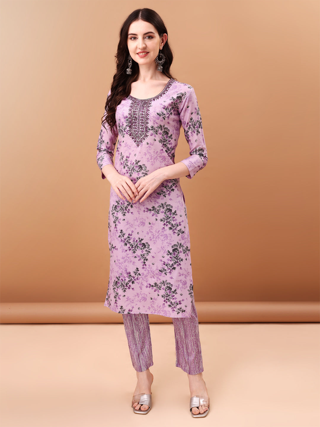 Embroidered & Floral Printed Kurta With Pant & Printed Dupatta, Lavender - Hiral Fashion