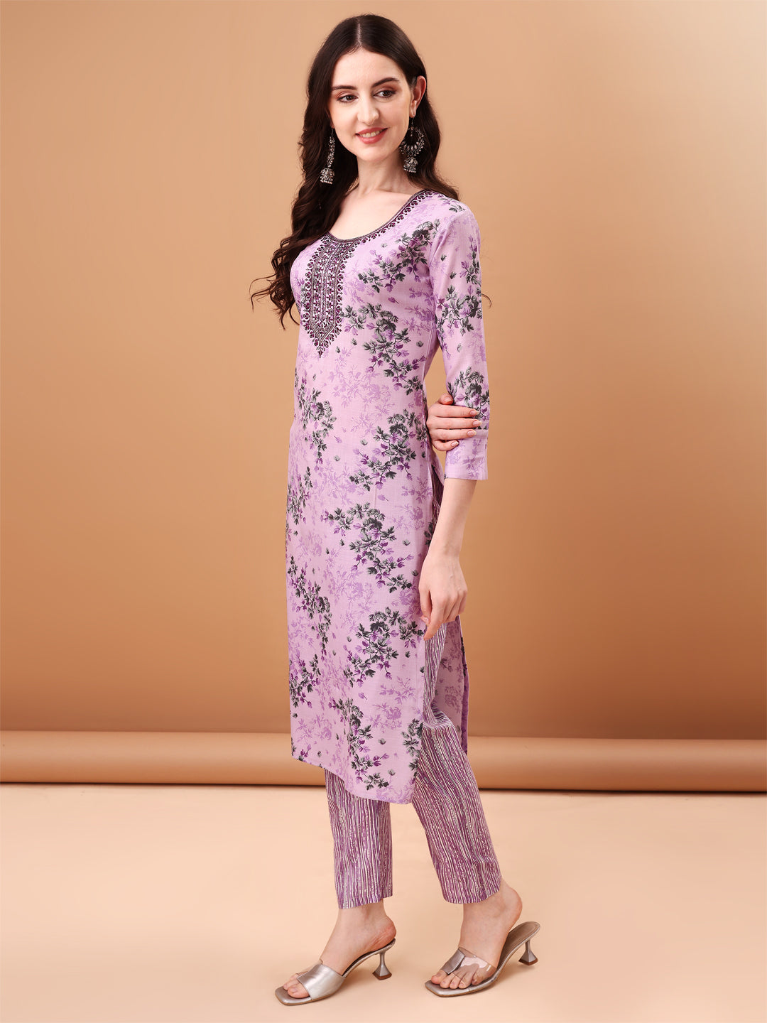 Embroidered & Floral Printed Kurta With Pant & Printed Dupatta, Lavender - Hiral Fashion