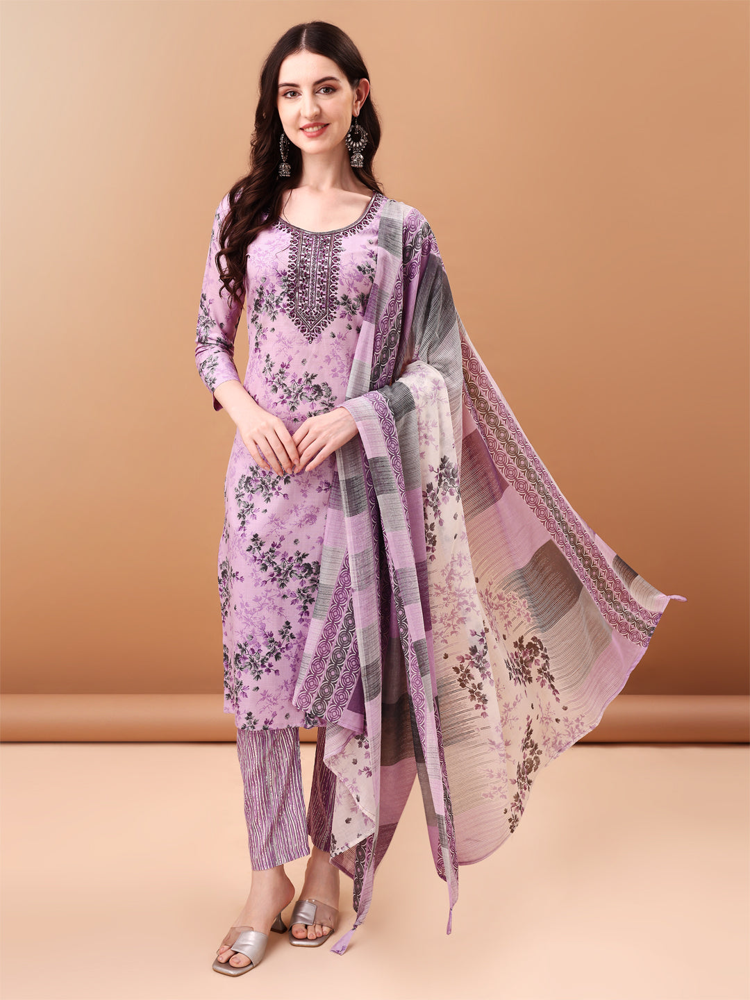 Embroidered & Floral Printed Kurta With Pant & Printed Dupatta, Lavender - Hiral Fashion