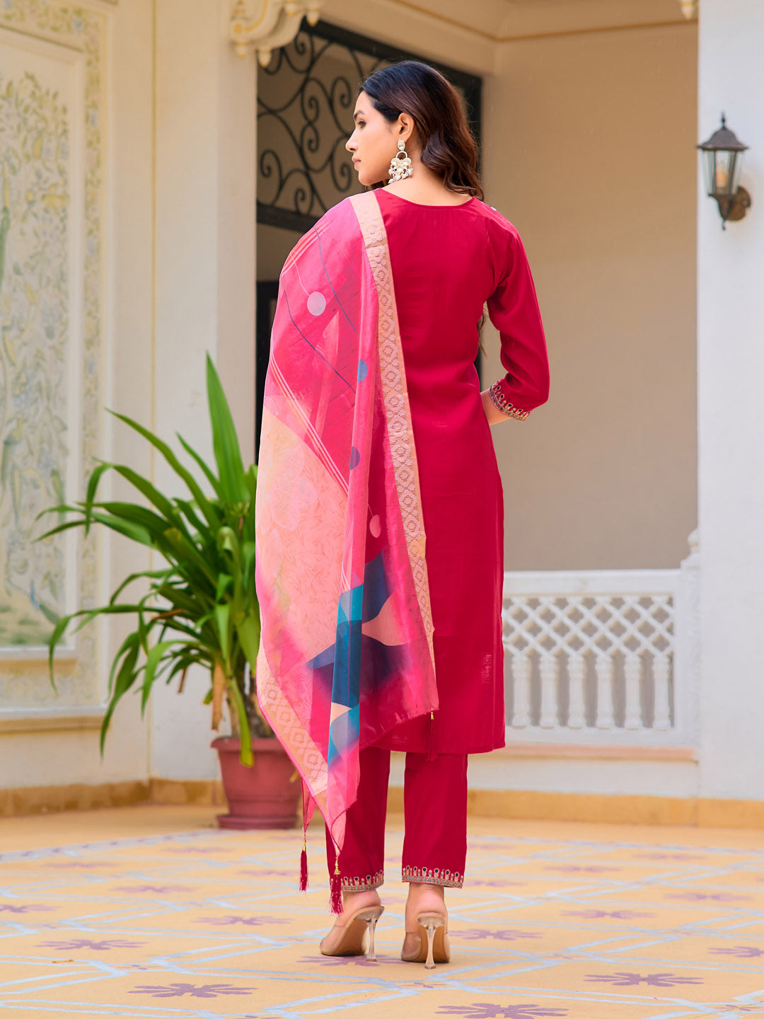 Hand Embroidered Kurta With Pant & Printed Organza Dupatta, Pink - Hiral Fashion