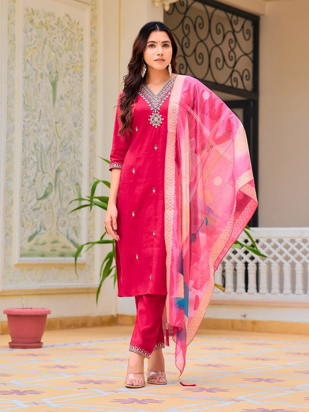Hand Embroidered Kurta With Pant & Printed Organza Dupatta, Pink - Hiral Fashion