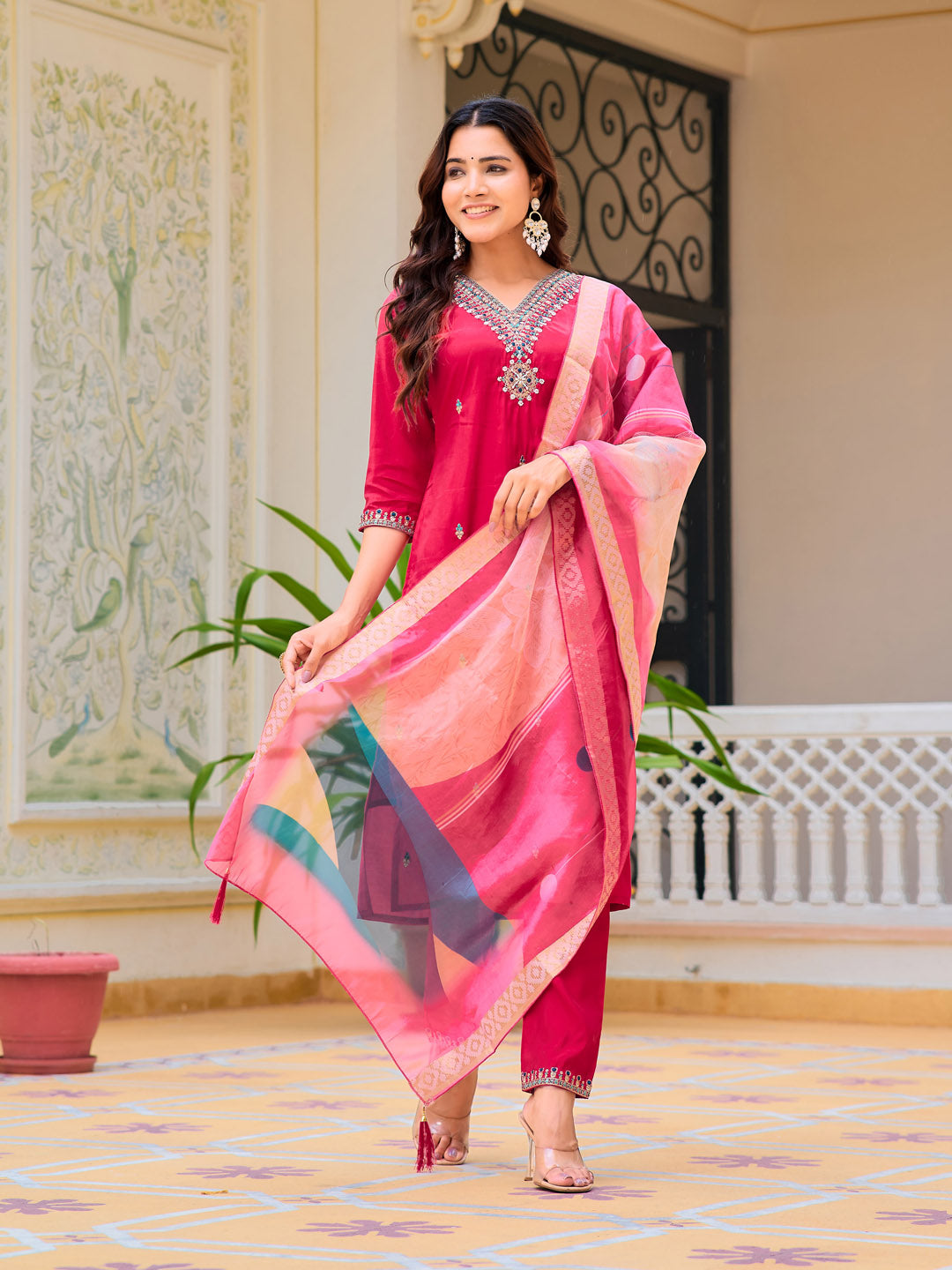 Hand Embroidered Kurta With Pant & Printed Organza Dupatta, Pink - Hiral Fashion