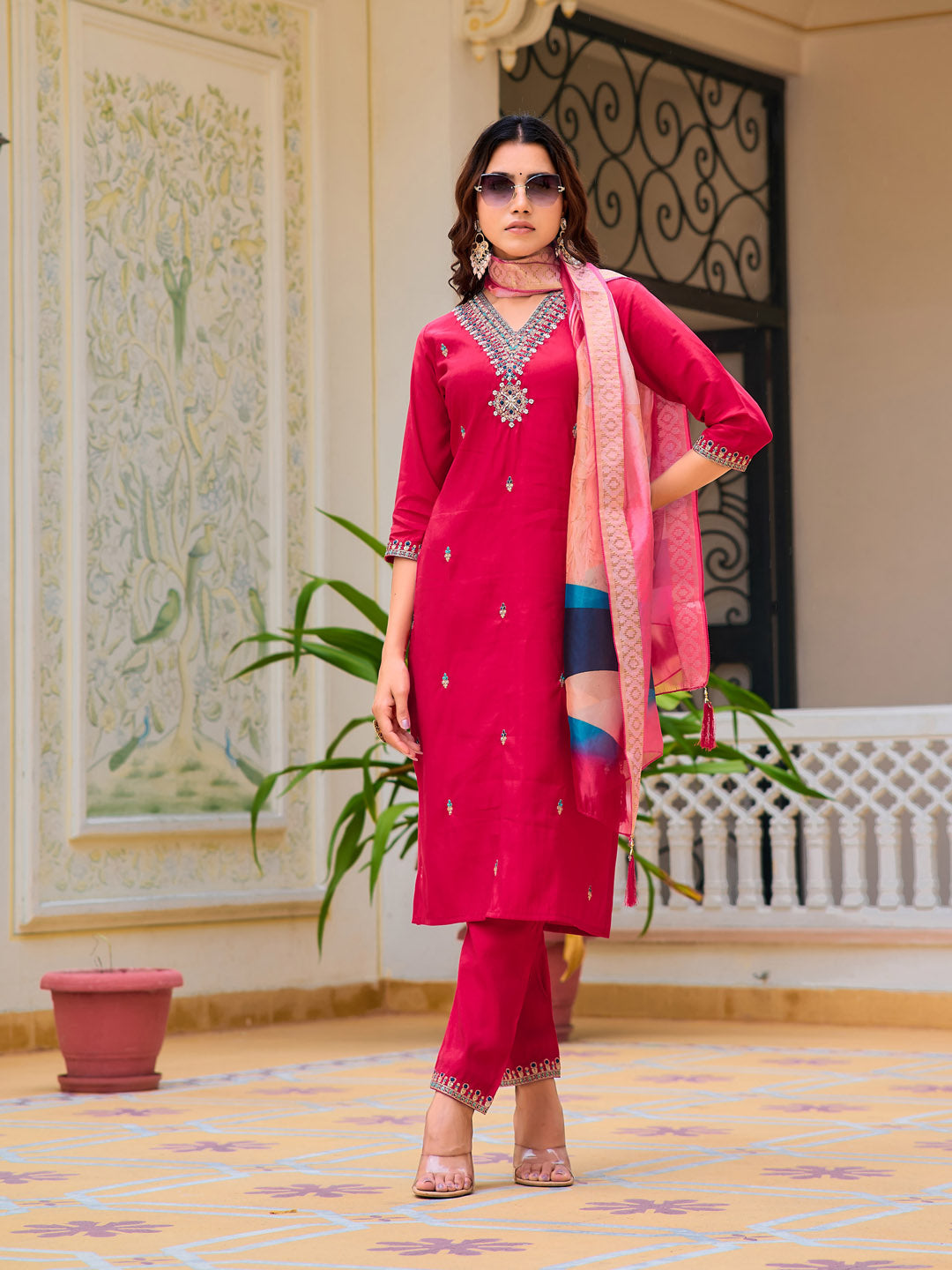 Hand Embroidered Kurta With Pant & Printed Organza Dupatta, Pink - Hiral Fashion