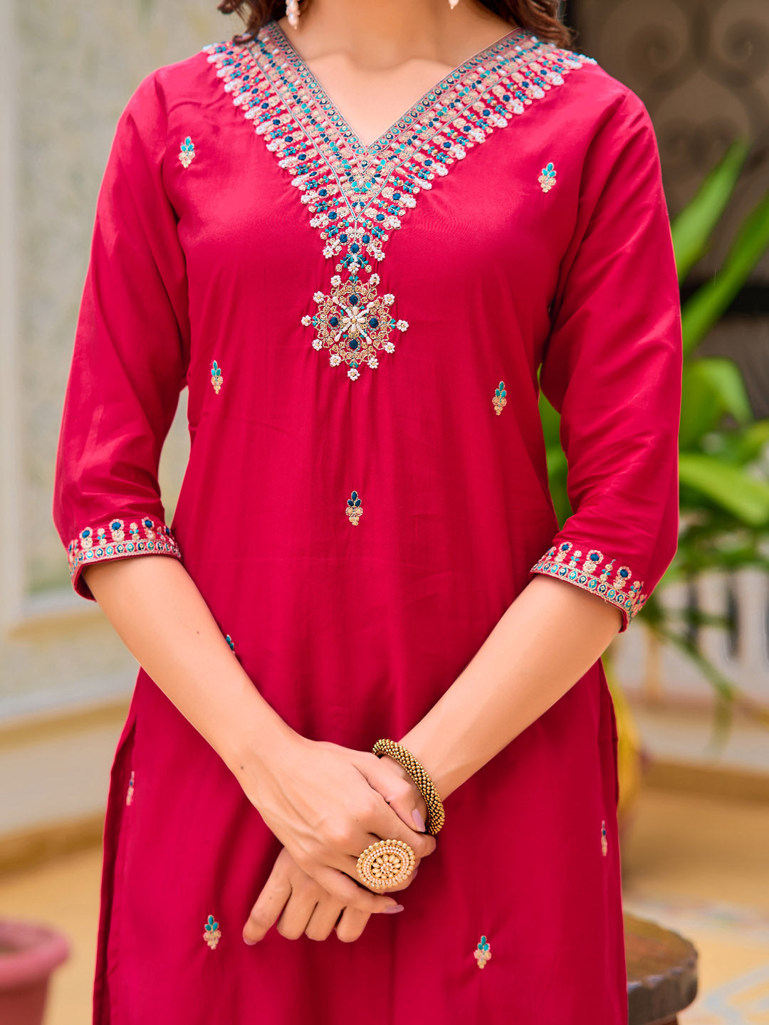 Hand Embroidered Kurta With Pant & Printed Organza Dupatta, Pink - Hiral Fashion