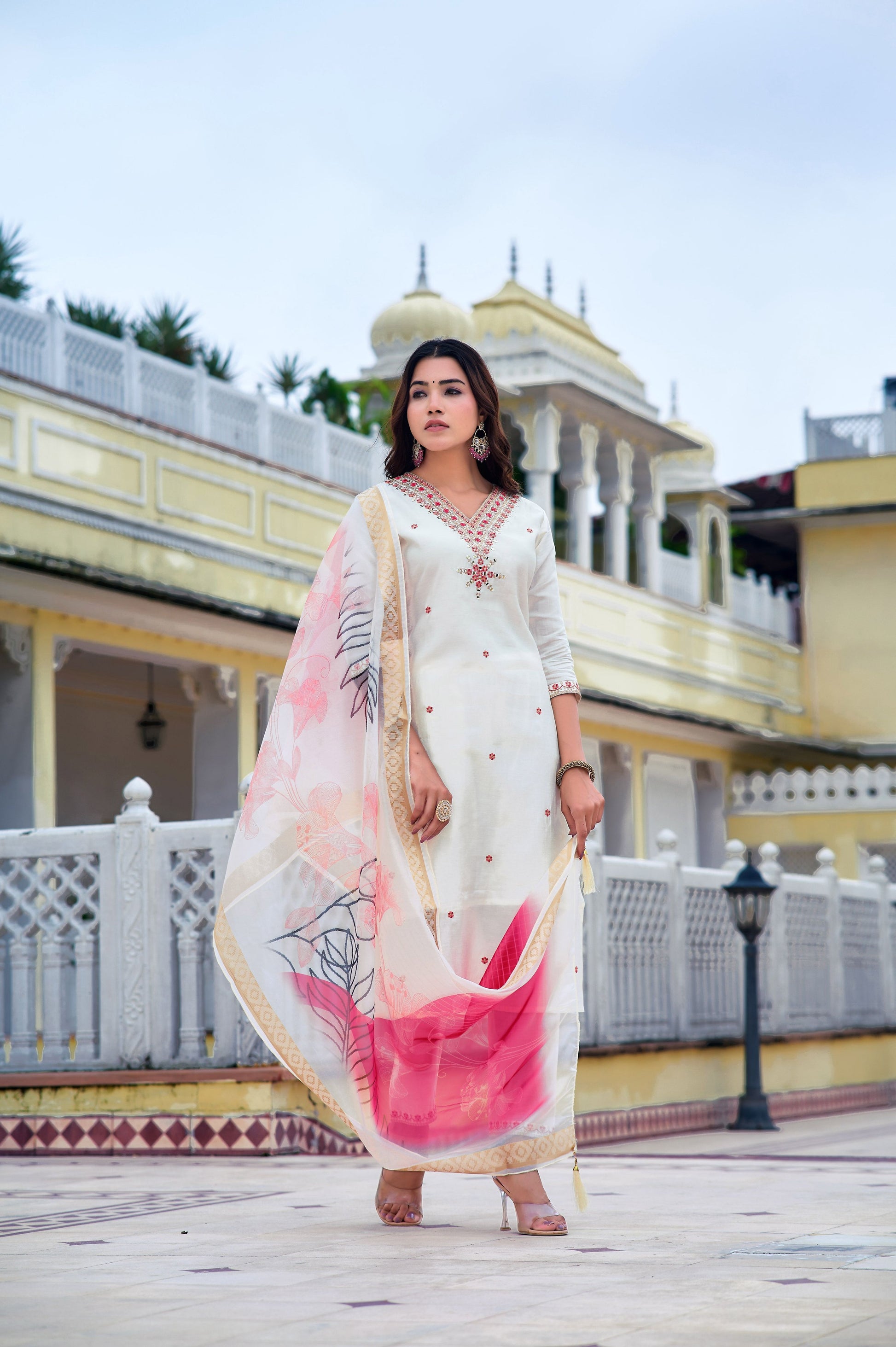 Embroidered Kurta With Pant & Printed Organza Dupatta, White - Hiral Fashion
