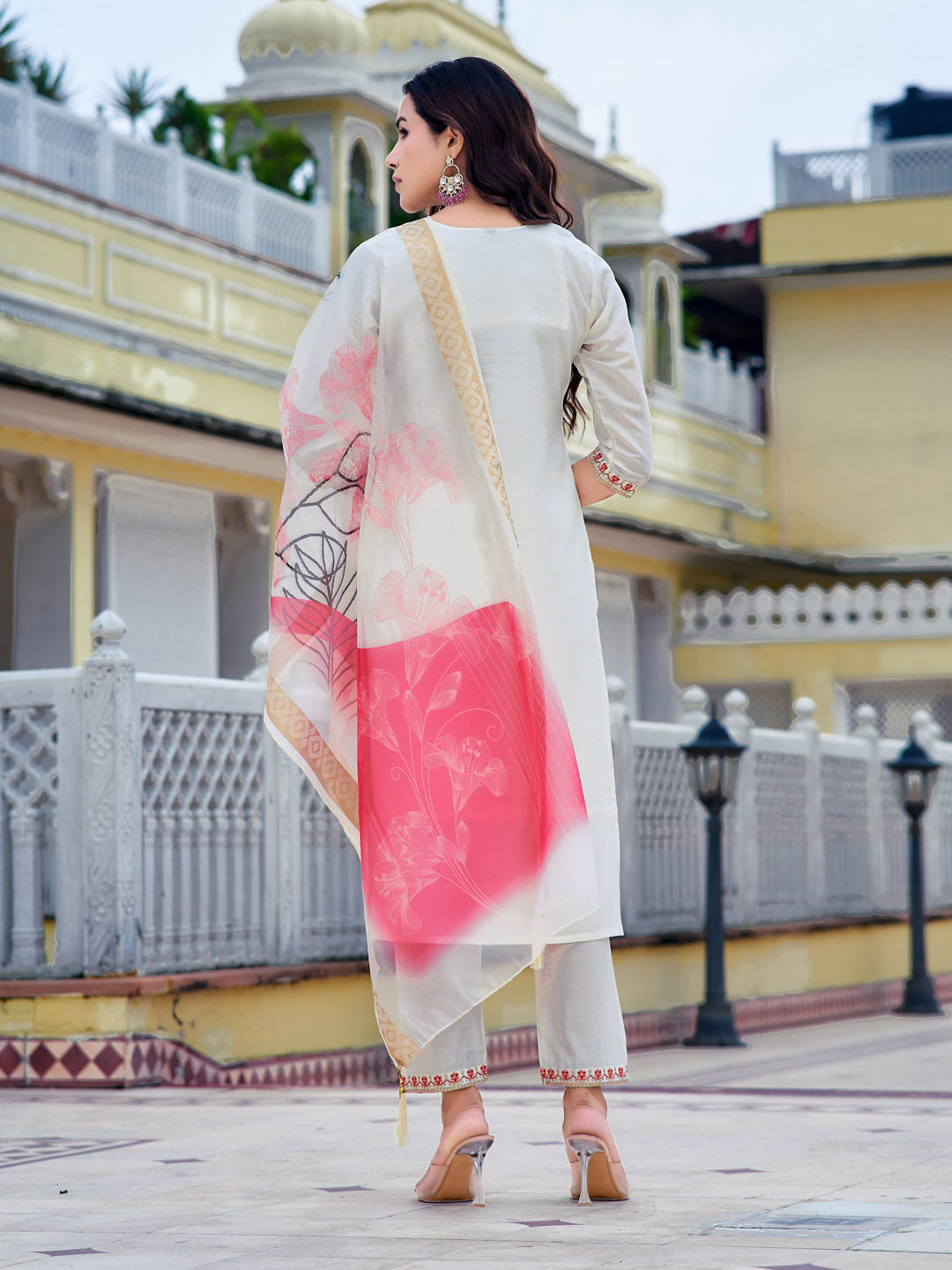 Embroidered Kurta With Pant & Printed Organza Dupatta, White - Hiral Fashion