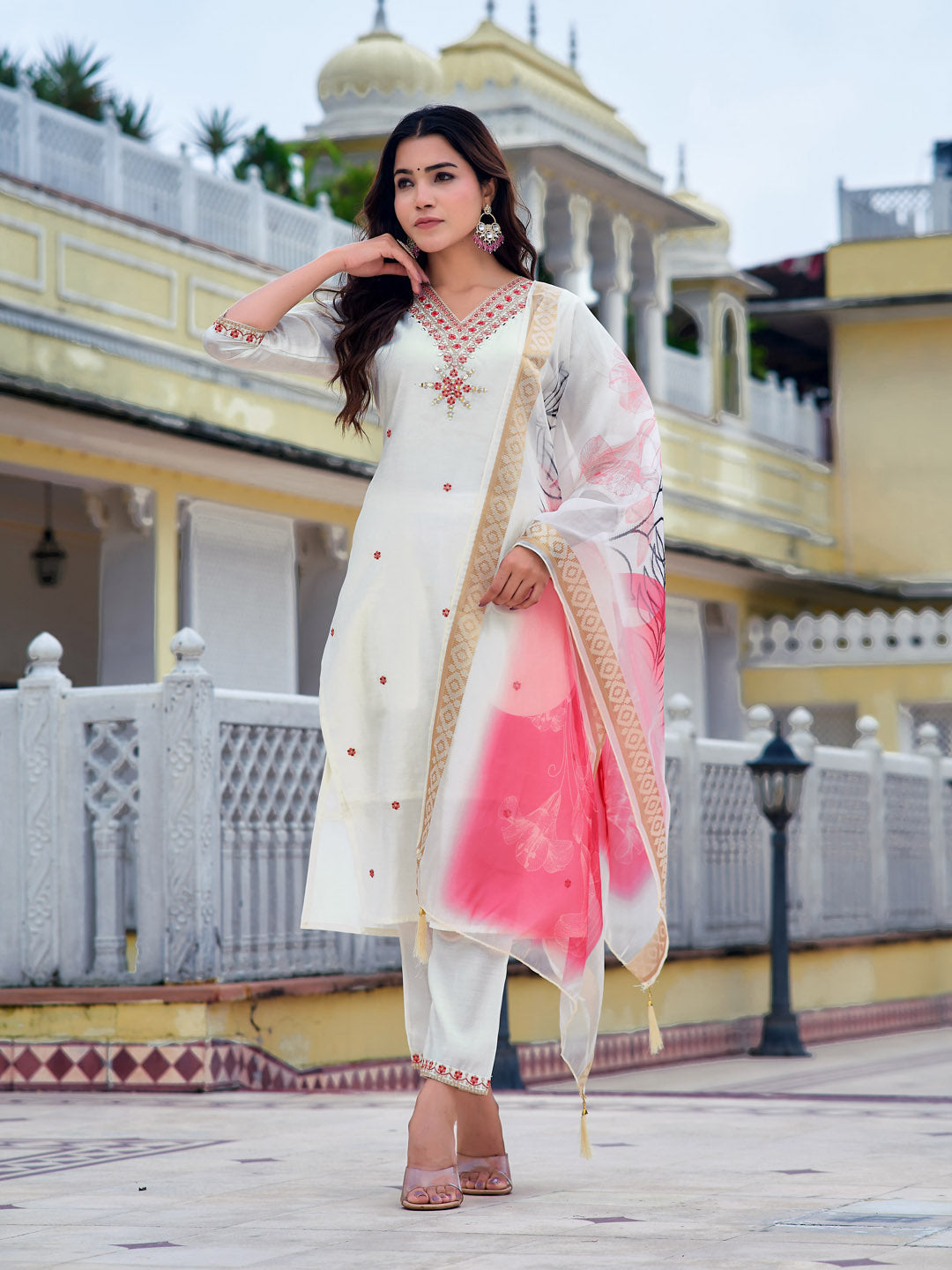 Embroidered Kurta With Pant & Printed Organza Dupatta, White - Hiral Fashion