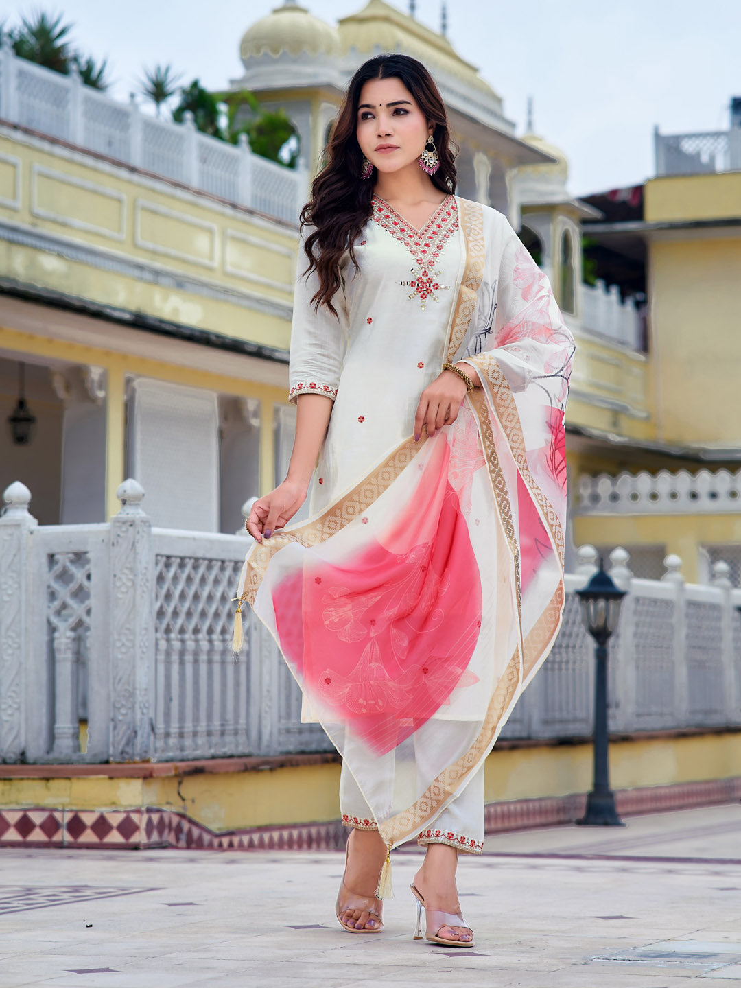 Embroidered Kurta With Pant & Printed Organza Dupatta, White - Hiral Fashion