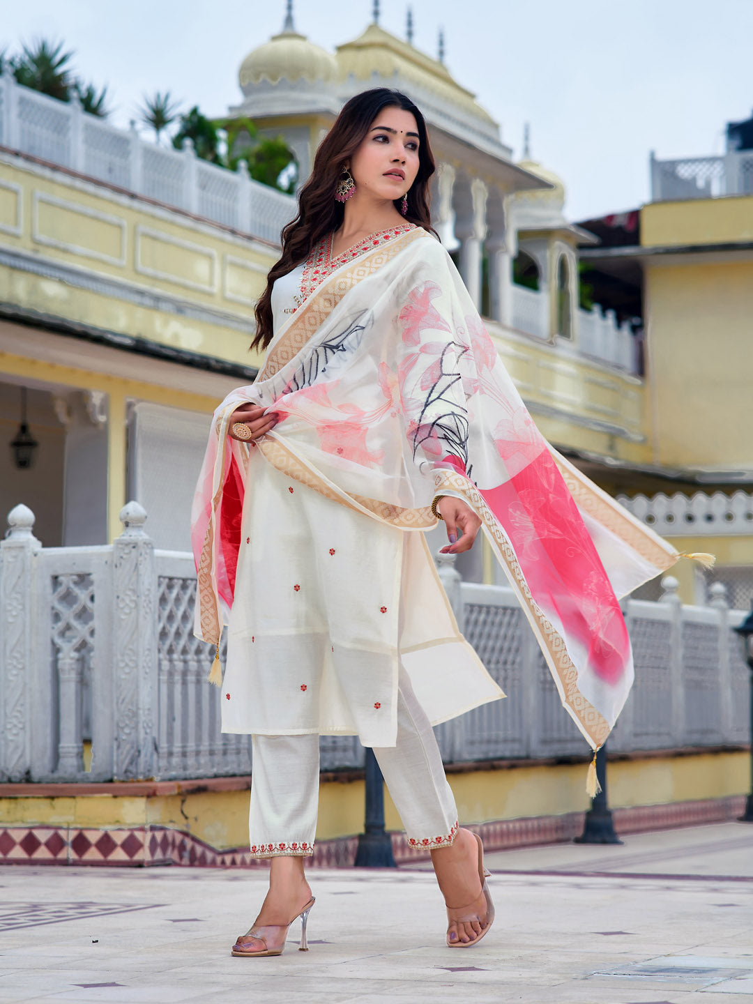 Embroidered Kurta With Pant & Printed Organza Dupatta, White - Hiral Fashion