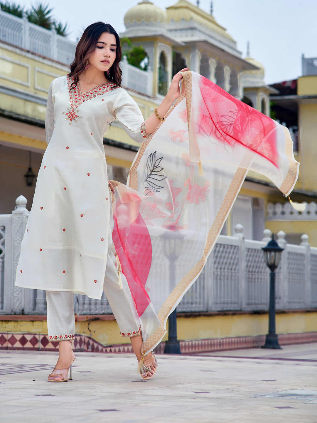 Embroidered Kurta With Pant & Printed Organza Dupatta, White - Hiral Fashion
