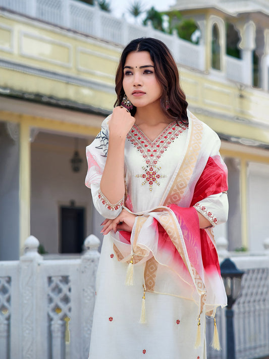 Embroidered Kurta With Pant & Printed Organza Dupatta, White - Hiral Fashion