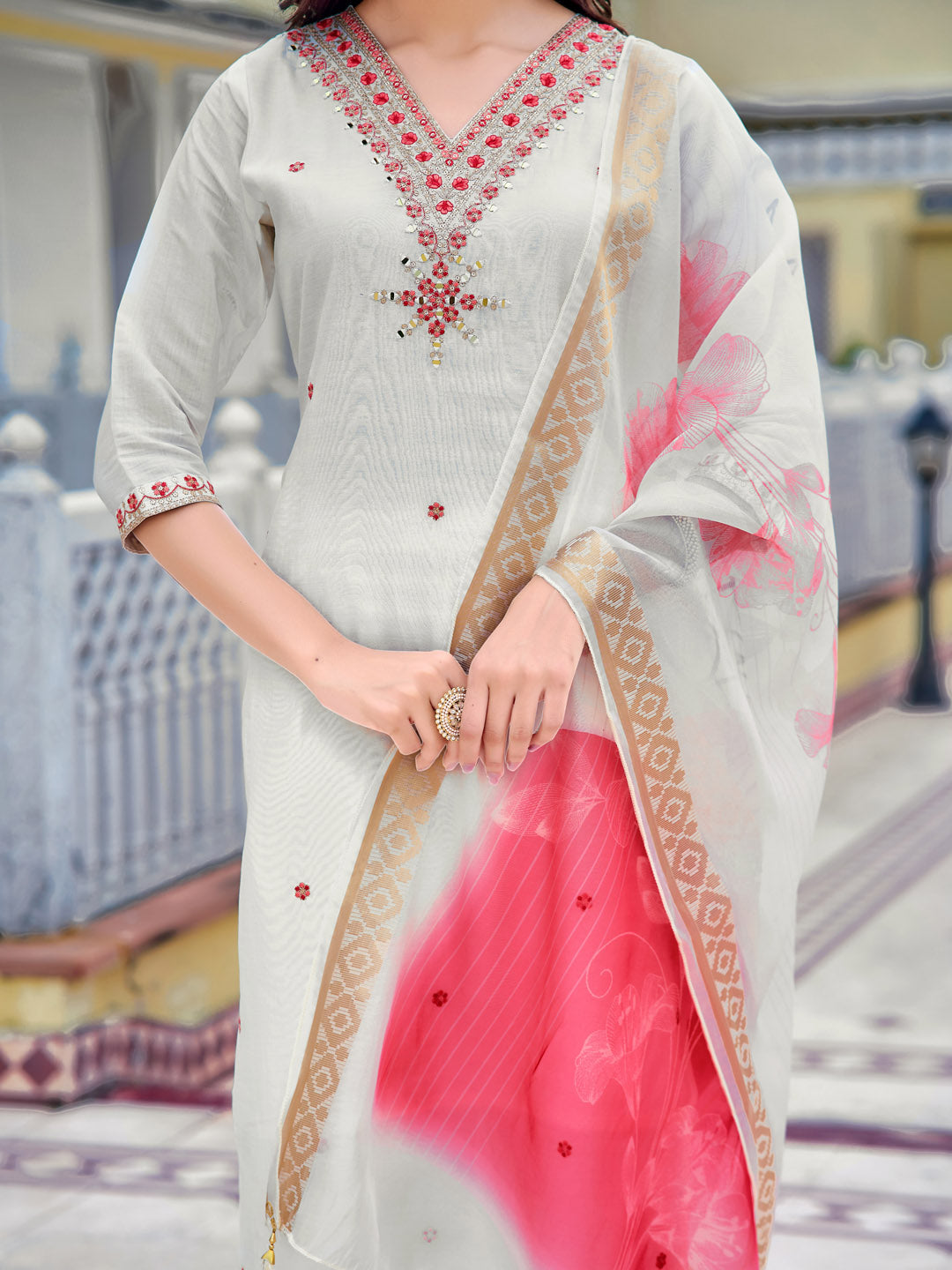 Embroidered Kurta With Pant & Printed Organza Dupatta, White - Hiral Fashion