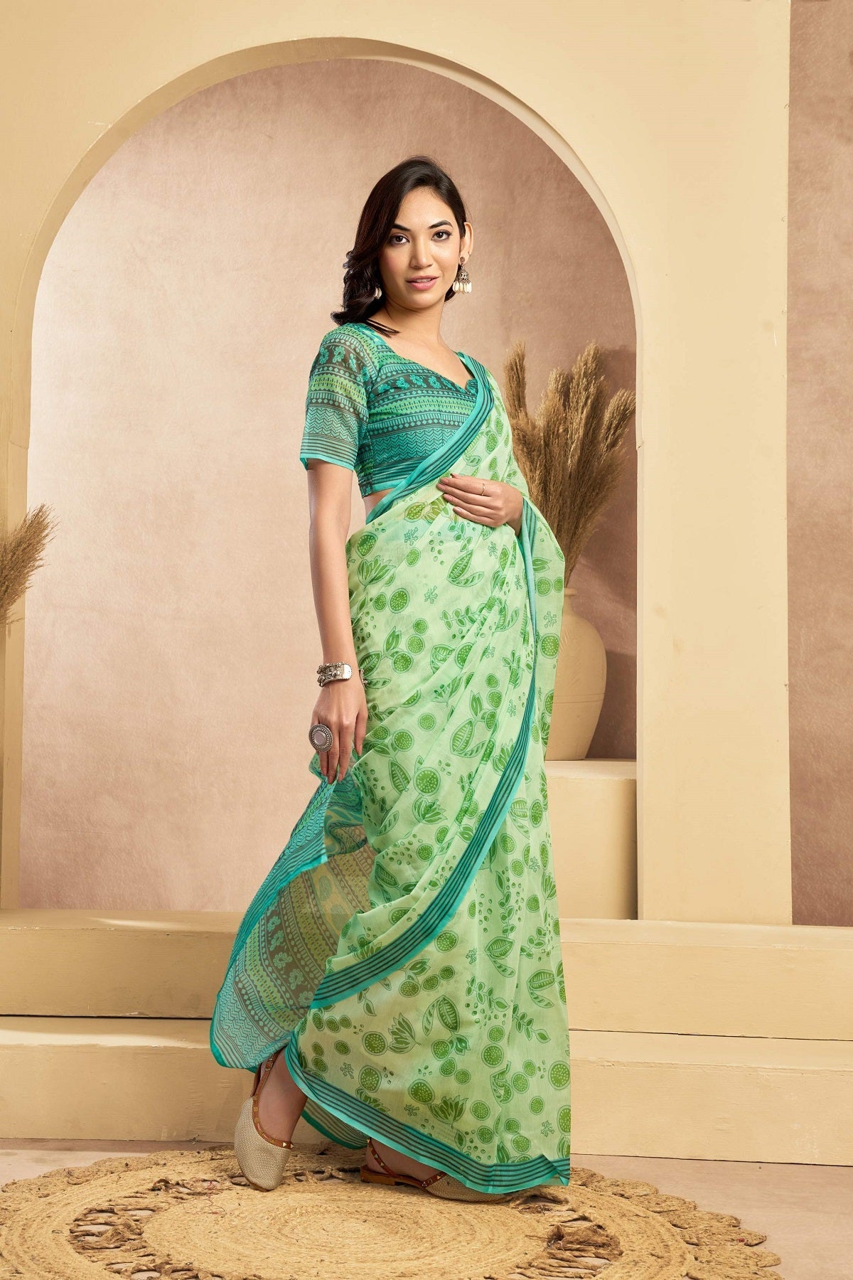 Dwija Fashion Green Party Wear Printed Linen Ready To Wear Saree With Unstitched Blouse