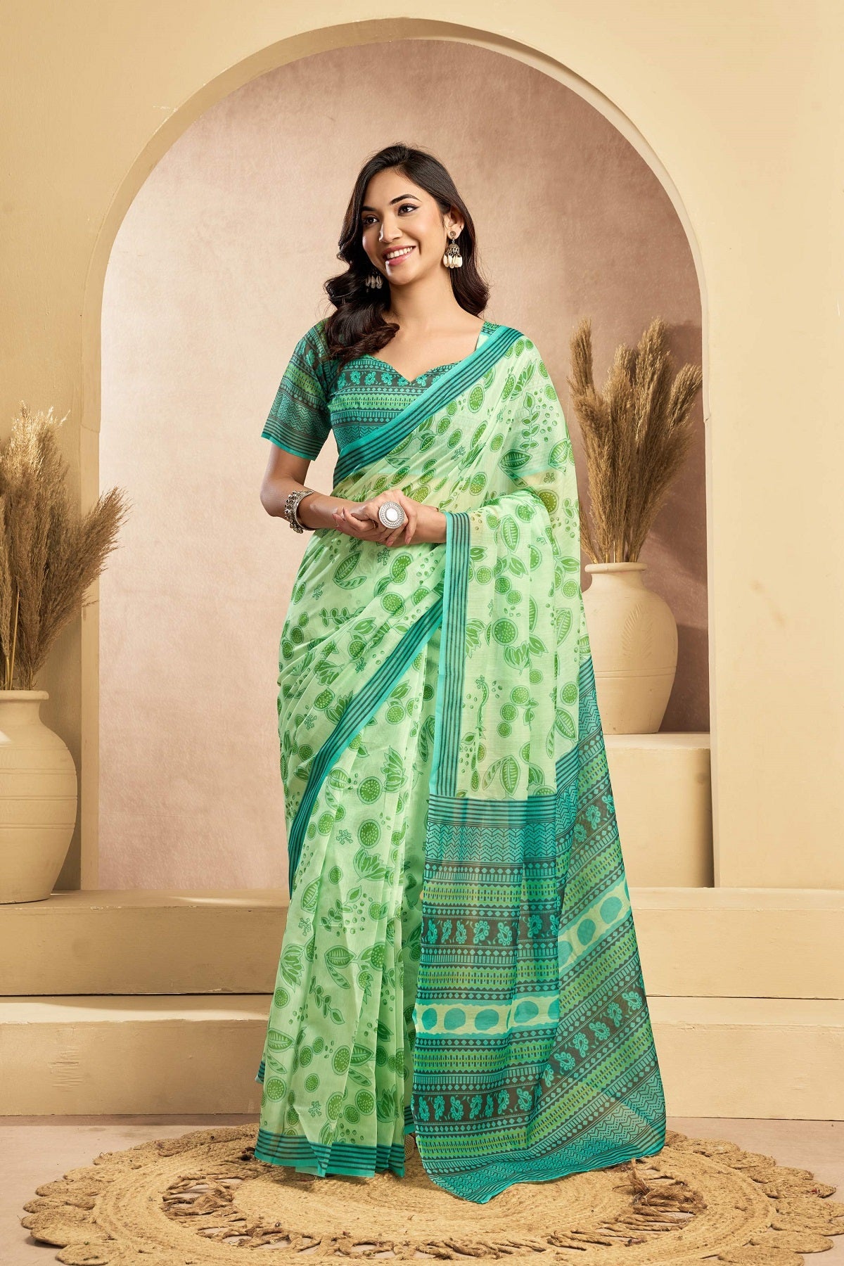 Dwija Fashion Green Party Wear Printed Linen Ready To Wear Saree With Unstitched Blouse