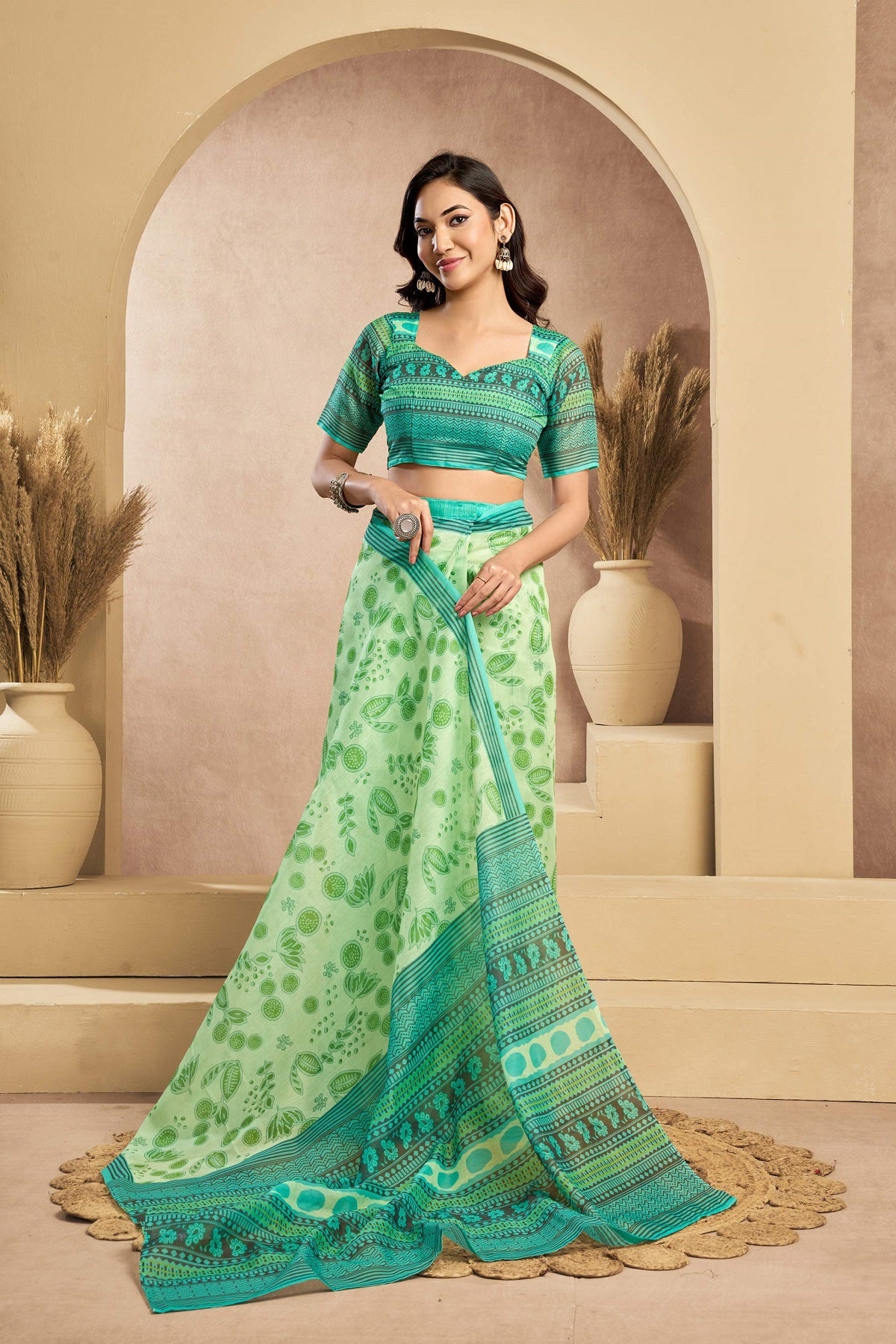 Dwija Fashion Green Party Wear Printed Linen Ready To Wear Saree With Unstitched Blouse