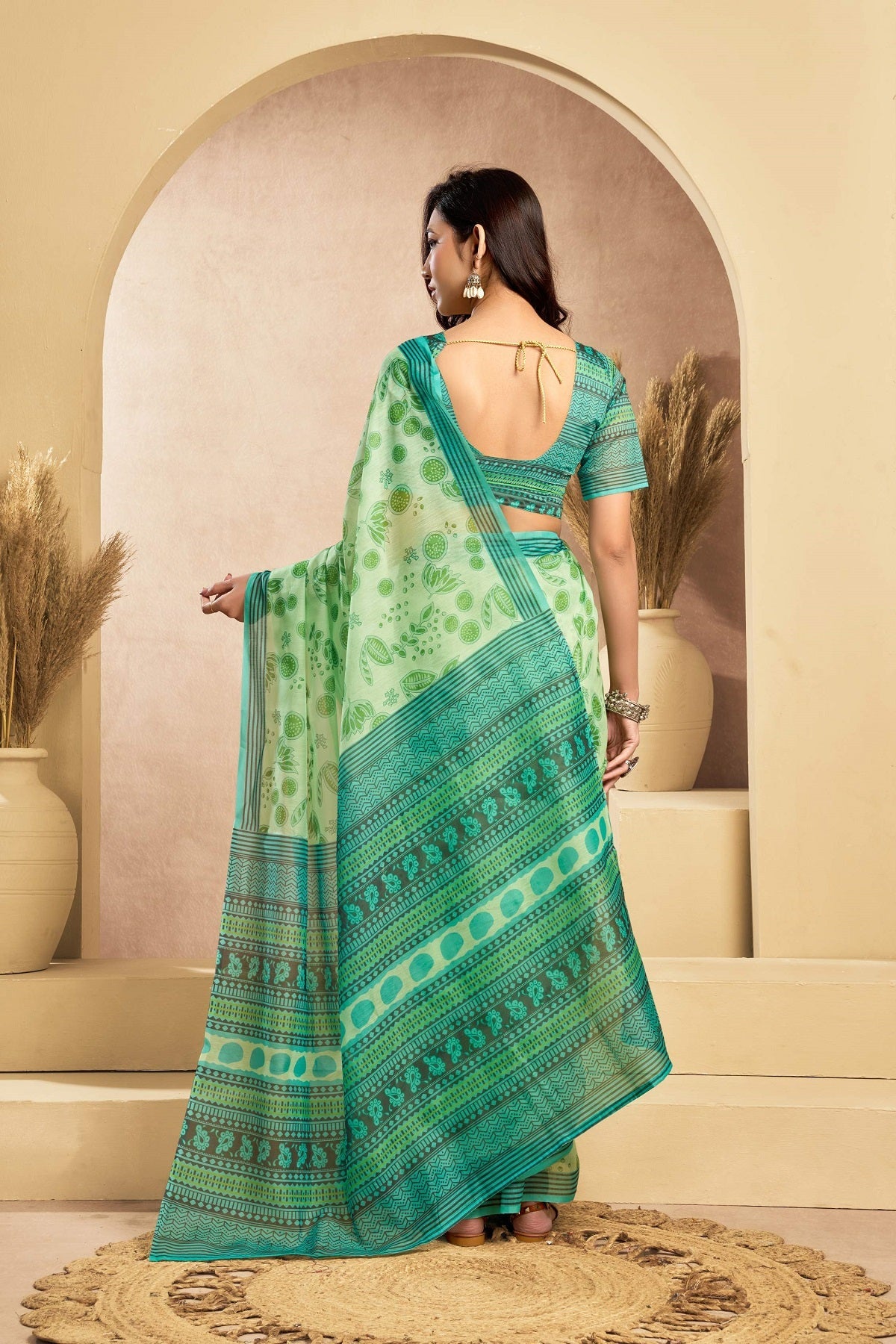 Dwija Fashion Green Party Wear Printed Linen Ready To Wear Saree With Unstitched Blouse