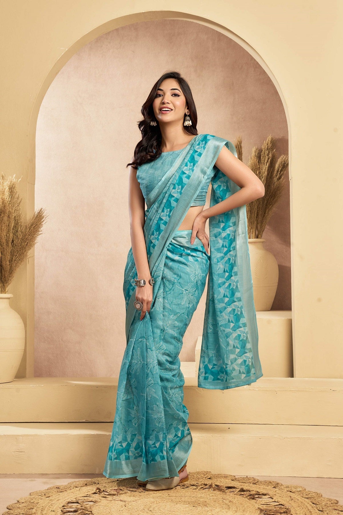 Dwija Fashion Turquoise Blue Party Wear Printed Linen Ready To Wear Saree With Unstitched Blouse