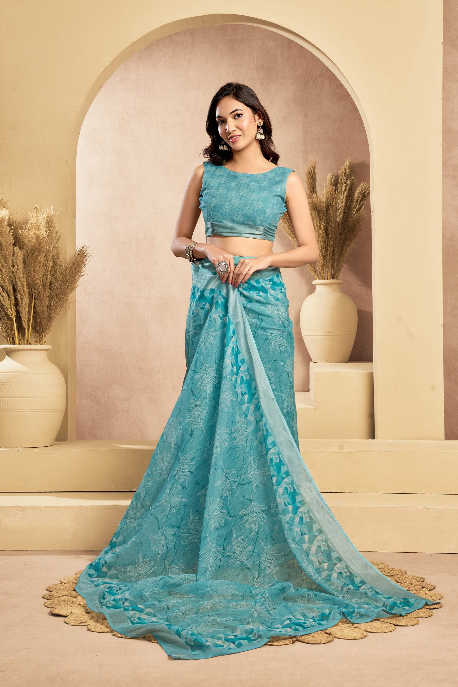 Dwija Fashion Turquoise Blue Party Wear Printed Linen Ready To Wear Saree With Unstitched Blouse
