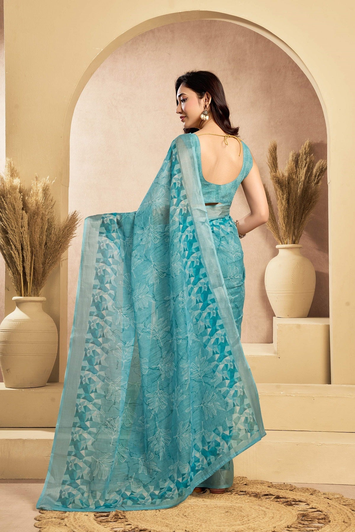 Dwija Fashion Turquoise Blue Party Wear Printed Linen Ready To Wear Saree With Unstitched Blouse