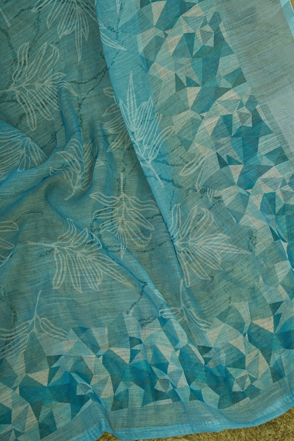 Dwija Fashion Turquoise Blue Party Wear Printed Linen Ready To Wear Saree With Unstitched Blouse
