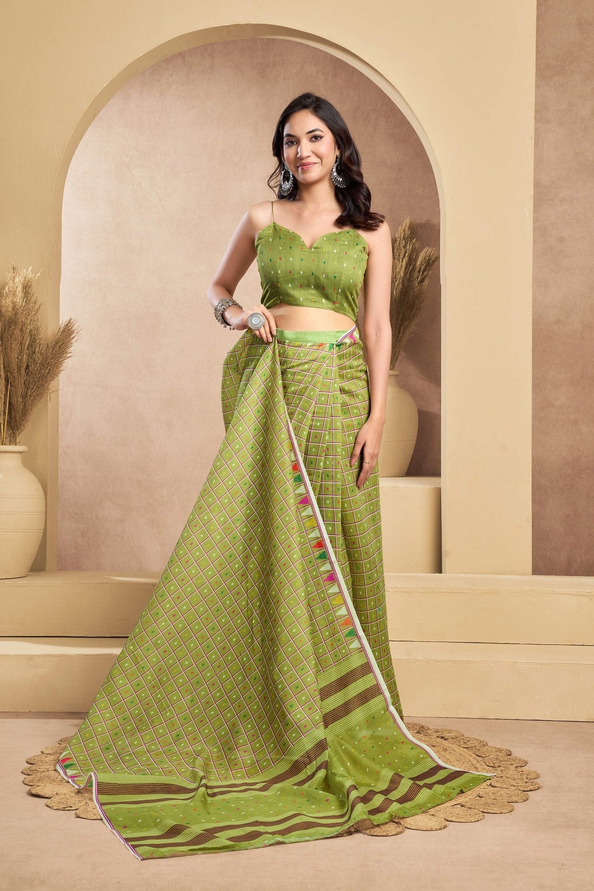 Dwija Fashion Mint Green Party Wear Printed Linen Ready To Wear Saree With Unstitched Blouse