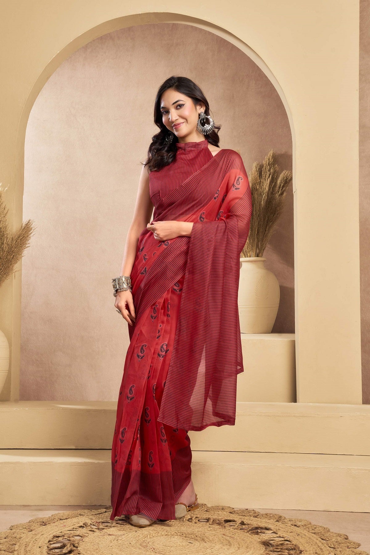 Dwija Fashion Maroon Party Wear Printed Linen Ready To Wear Saree With Unstitched Blouse