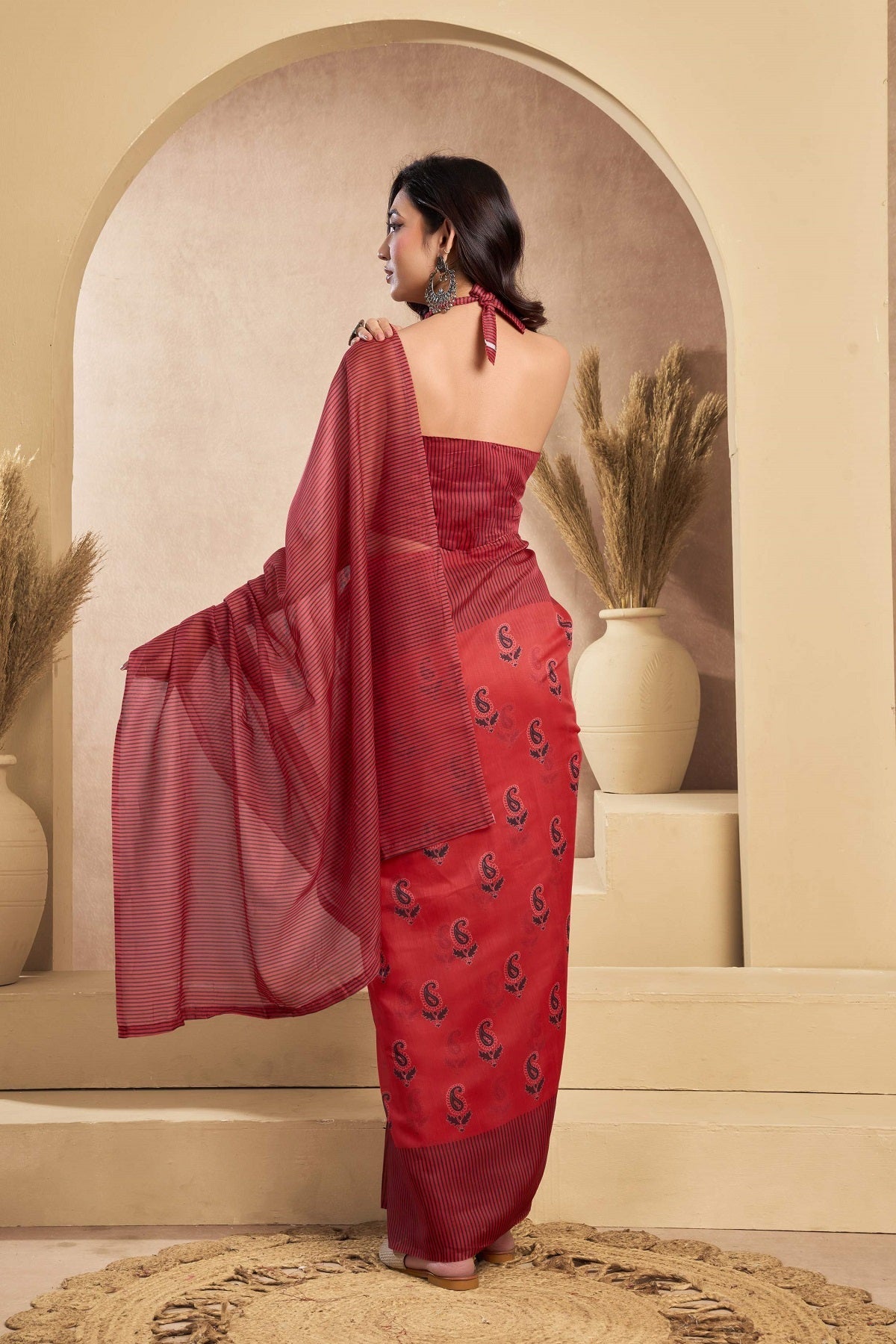Dwija Fashion Maroon Party Wear Printed Linen Ready To Wear Saree With Unstitched Blouse