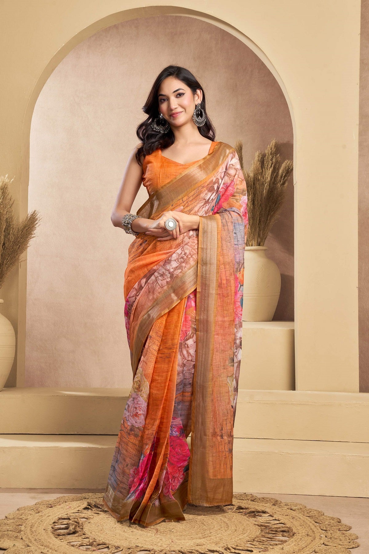 Dwija Fashion Orange Party Wear Printed Linen Ready To Wear Saree With Unstitched Blouse