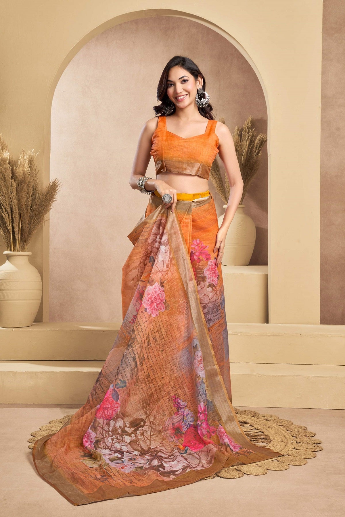 Dwija Fashion Orange Party Wear Printed Linen Ready To Wear Saree With Unstitched Blouse