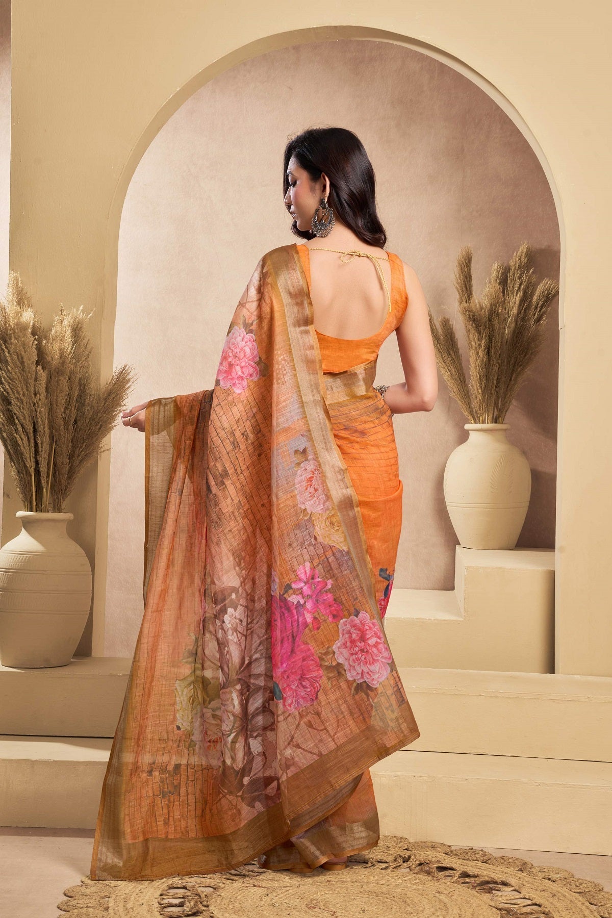 Dwija Fashion Orange Party Wear Printed Linen Ready To Wear Saree With Unstitched Blouse