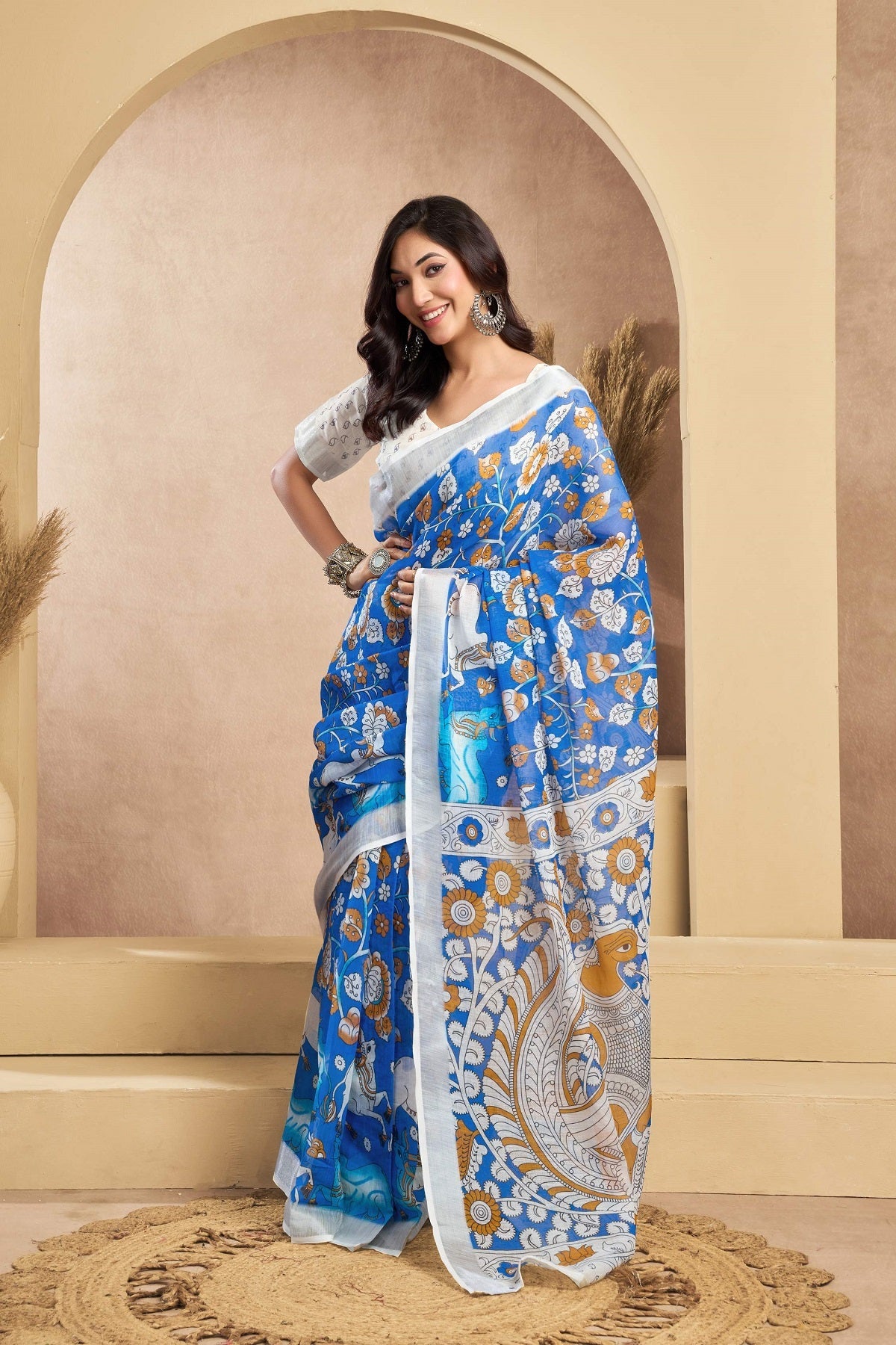 Dwija Fashion Blue Party Wear Printed Linen Ready To Wear Saree With Unstitched Blouse