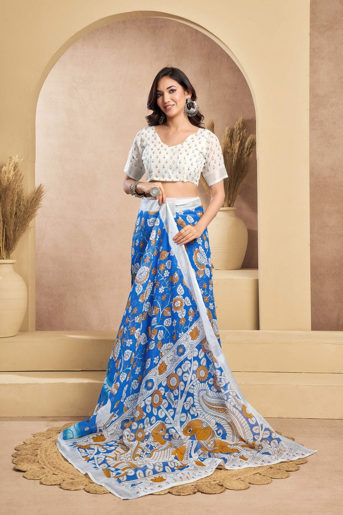 Dwija Fashion Blue Party Wear Printed Linen Ready To Wear Saree With Unstitched Blouse