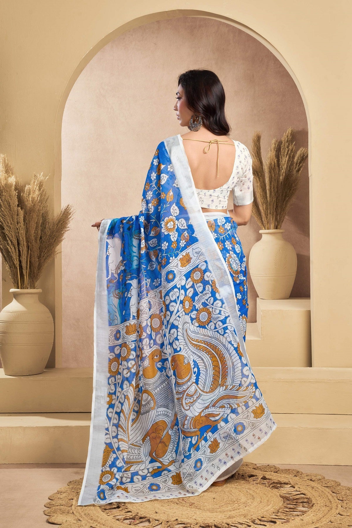 Dwija Fashion Blue Party Wear Printed Linen Ready To Wear Saree With Unstitched Blouse